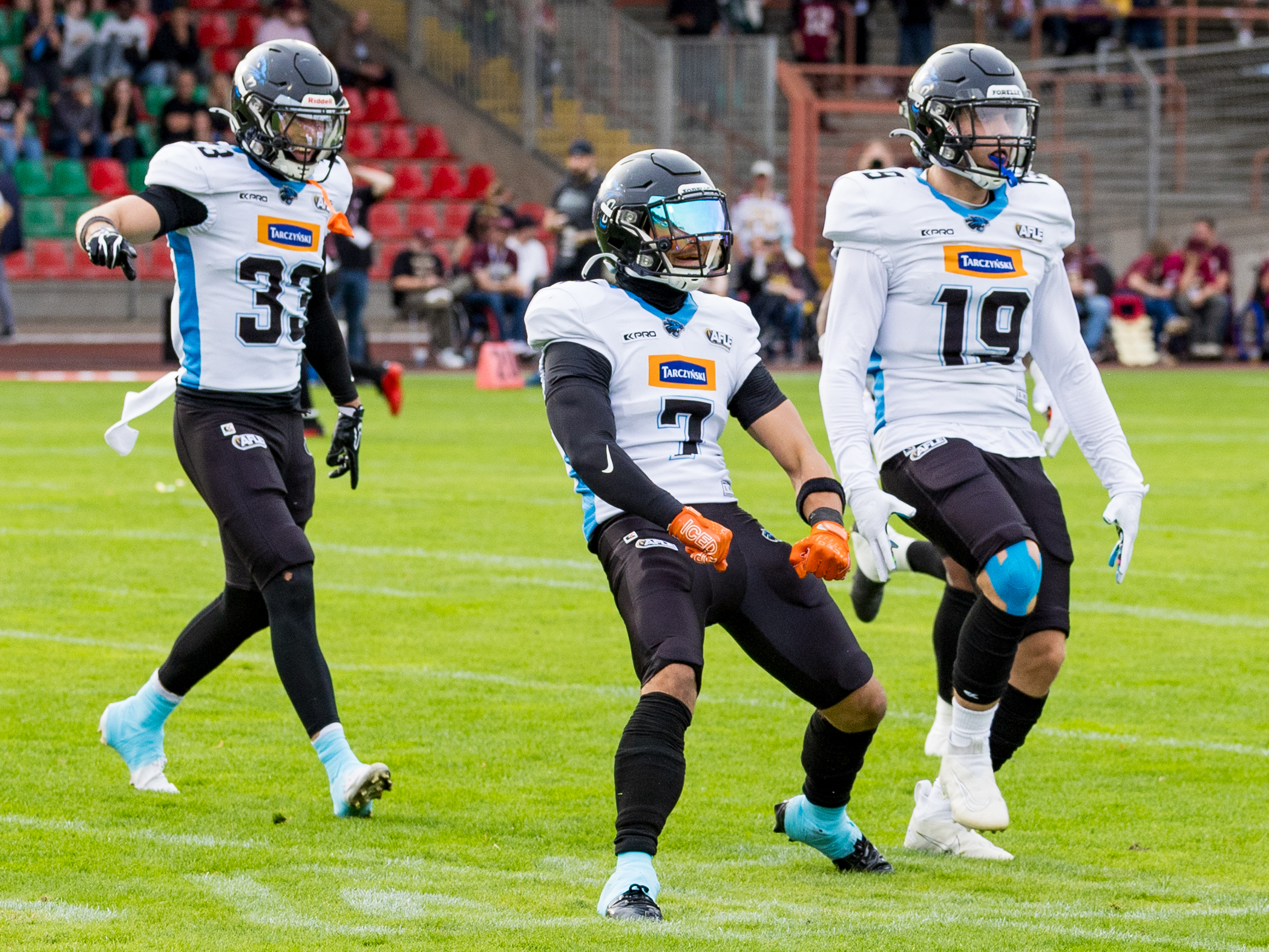 #7 Marko Vidačković (Free Safety) – Panthers Wroclaw interception. Celebration from #19 Daniel Piątkowski (Strong Safety) – Panthers Wroclaw and #7 Marko Vidačković (Free Safety) – Panthers Wroclaw