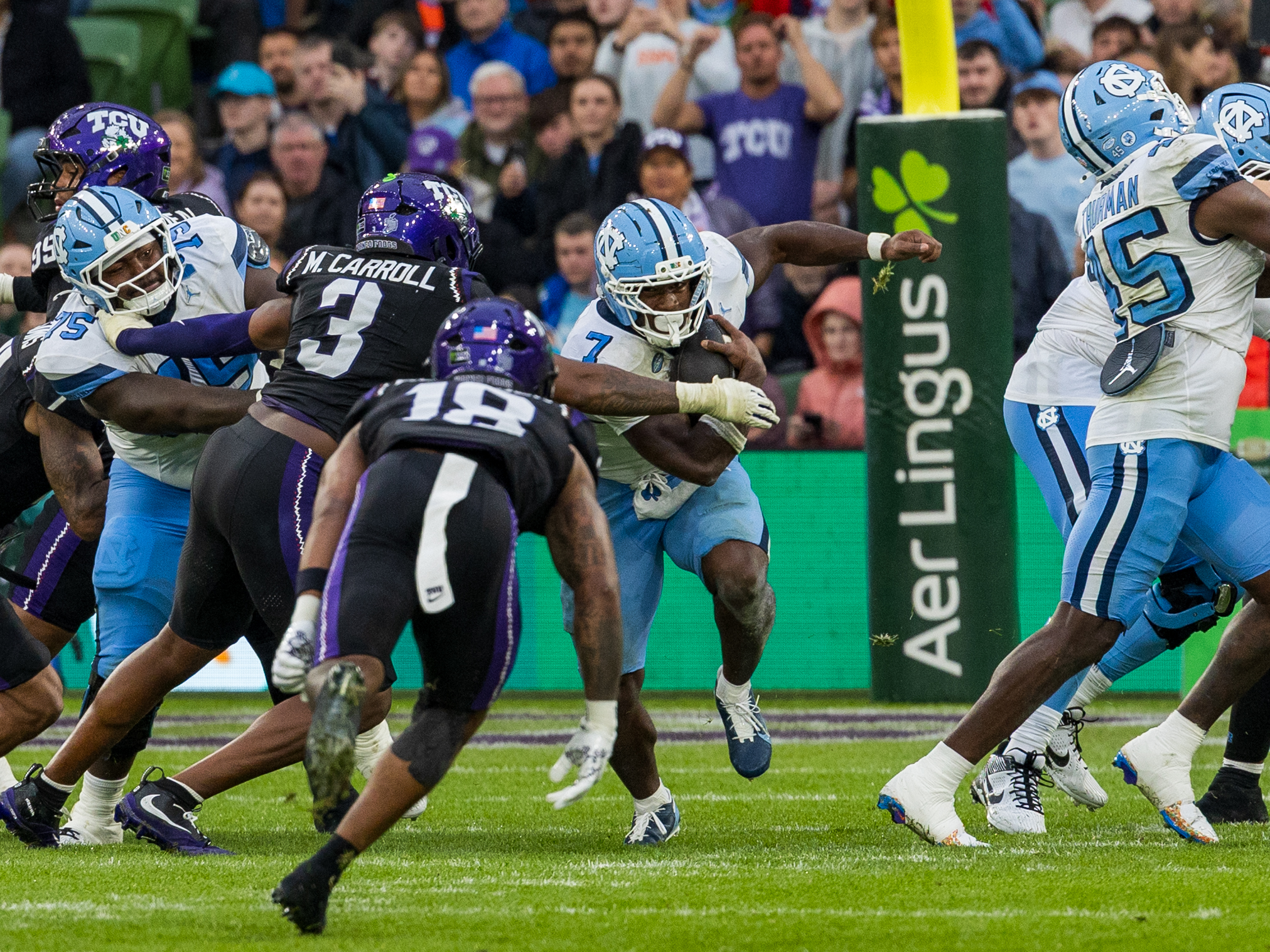 #3 Max Carroll (LB) TCU Horned Frogs tackle #7 Benjamin Hall (RB) University of North Carolina Tar Heels