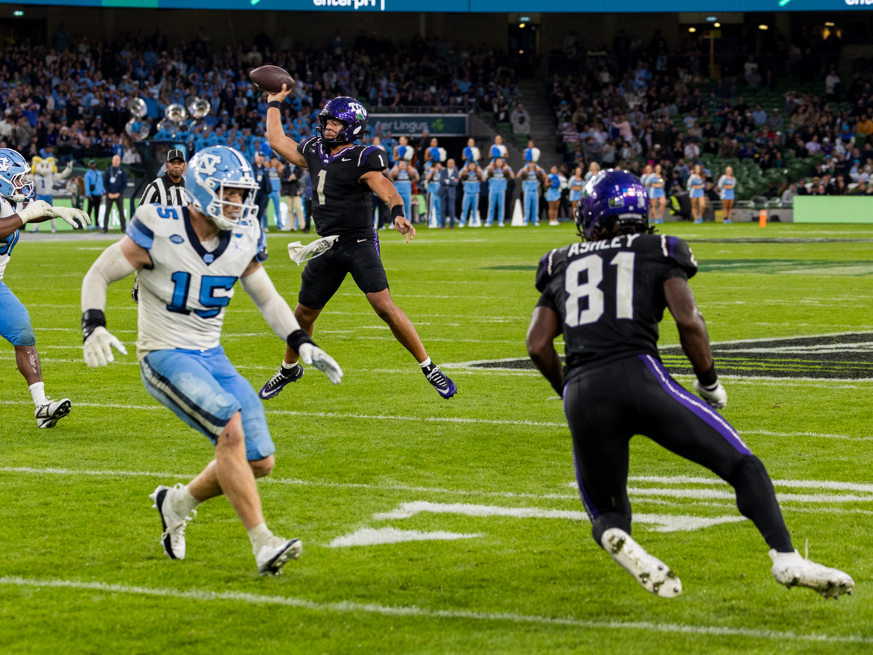 #1 Jaden Craig (QB) TCU Horned Frogs jump to pass the ball.