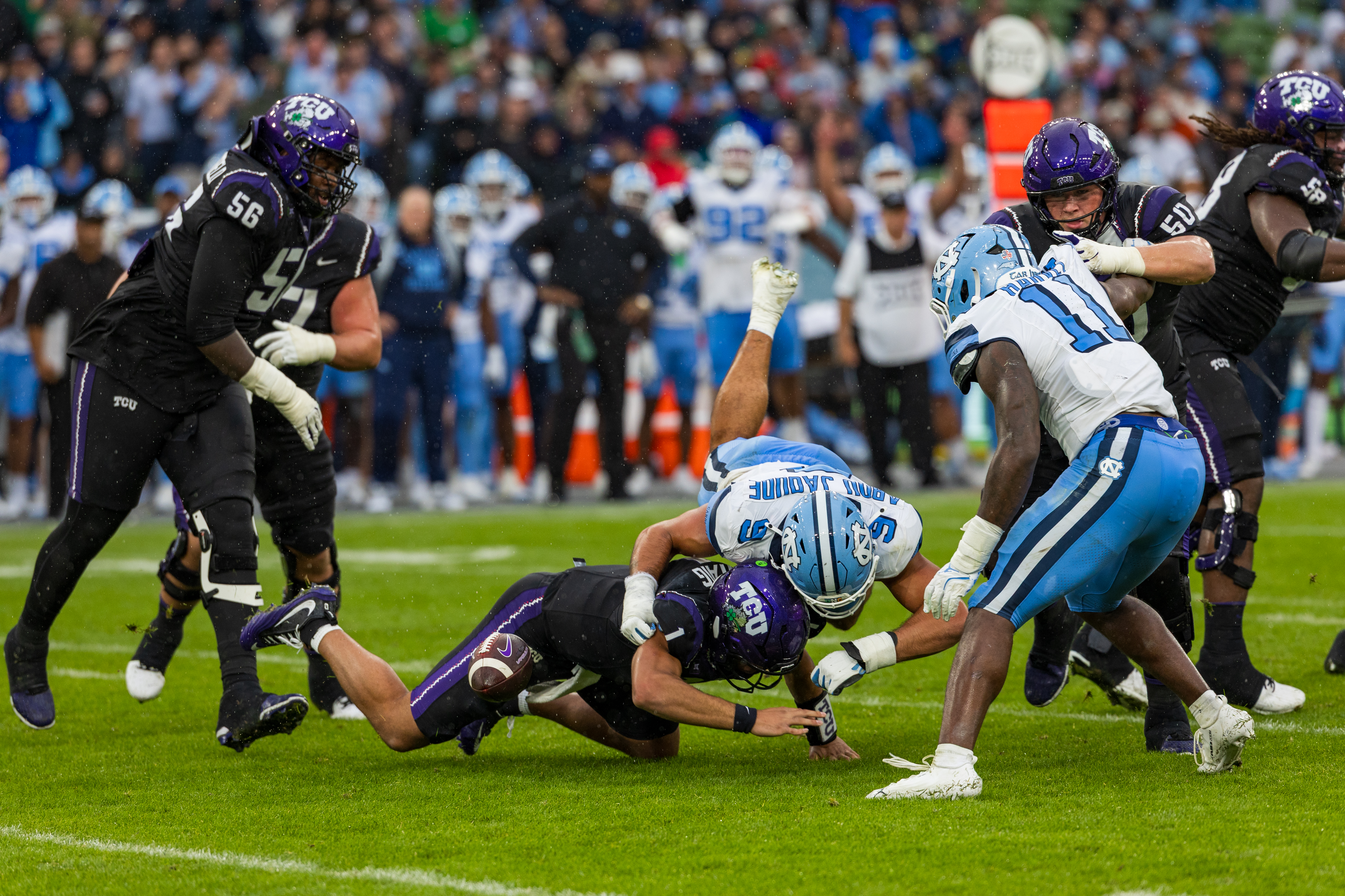 #9 Melkart Abou Jaoude (DL) University of North Carolina Tar Heels sacks #1 Jaden Craig (QB) TCU Horned Frogs