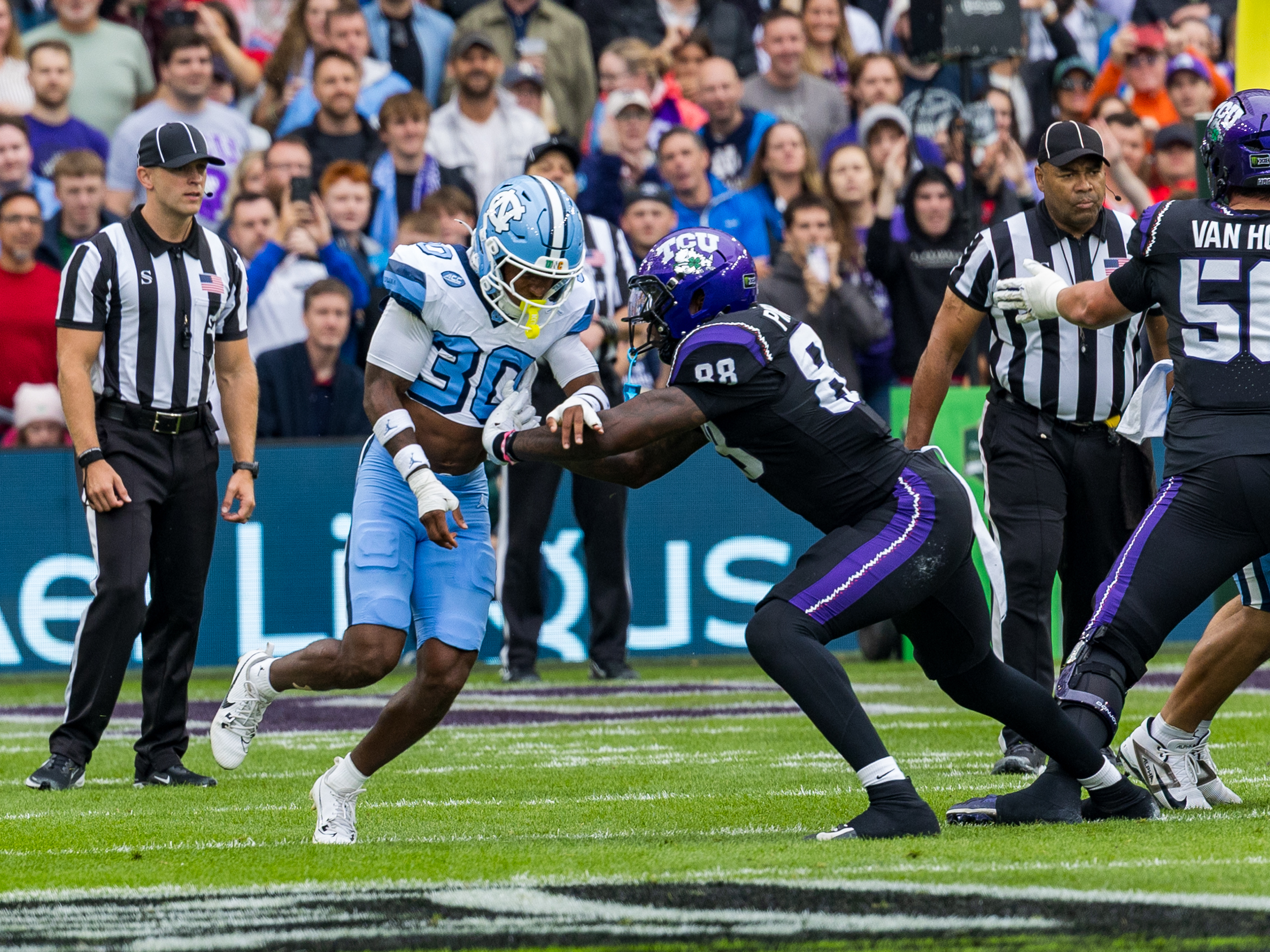 #88 Ka’Morreun Pimpton (TE) TCU Horned Frogs block #30 Jaziel Hart (DB) University of North Carolina Tar Heels