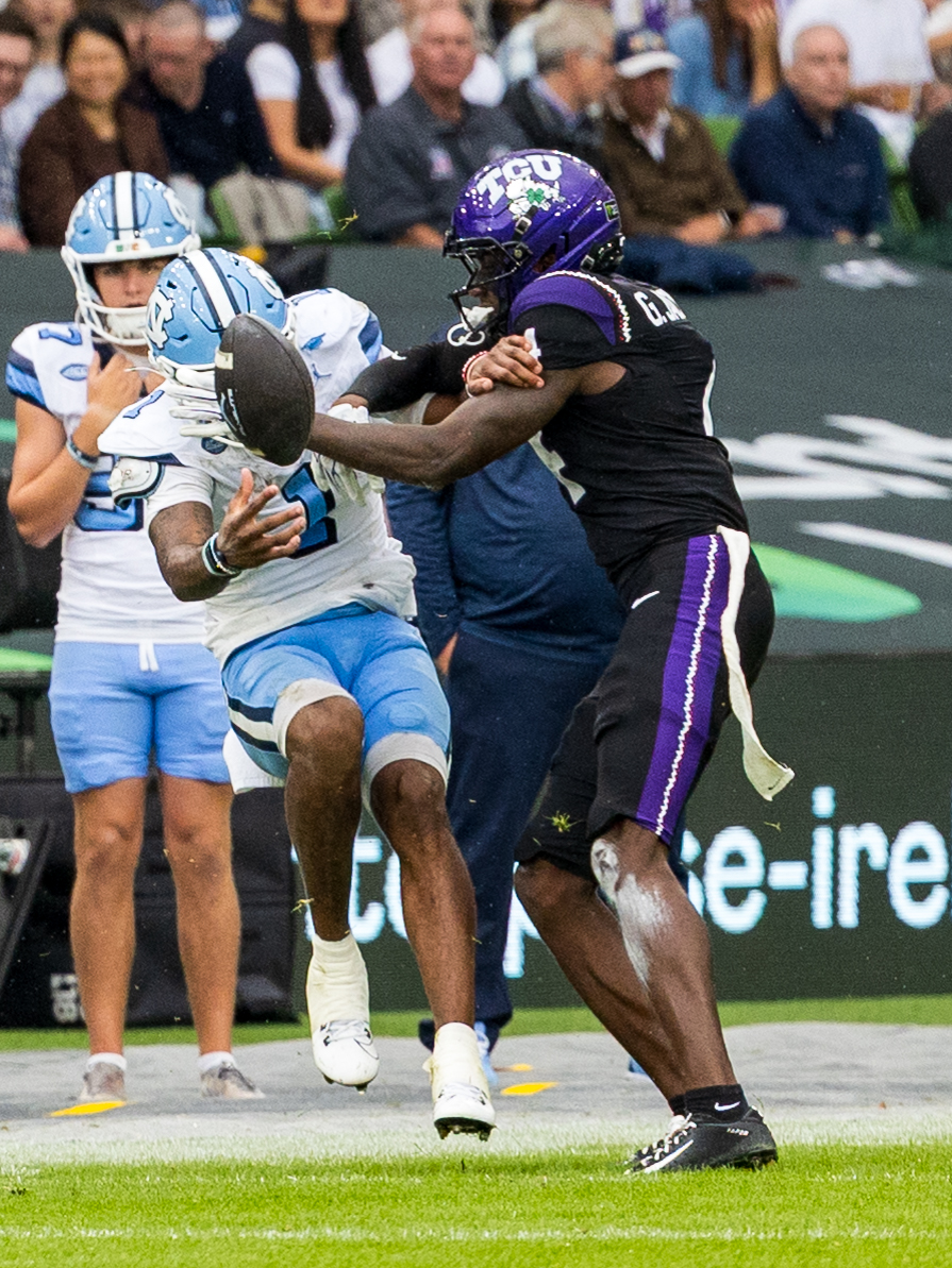 #4 Gil Jackson Jr. (CB) TCU Horned Frogs pass deflect at #4 Mason Humphrey (WR) University of North Carolina Tar Heels