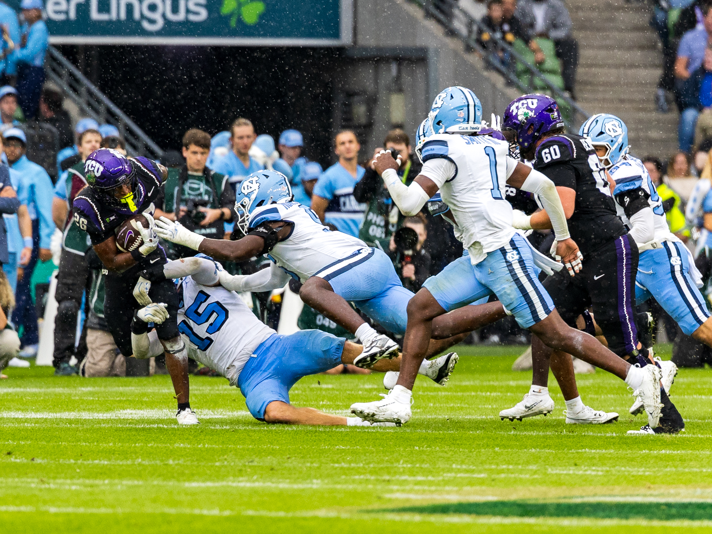#15 Derek McDonald (LB) University of North Carolina Tar Heels tackle #26 Jeremy Payne (RB) TCU Horned Frogs