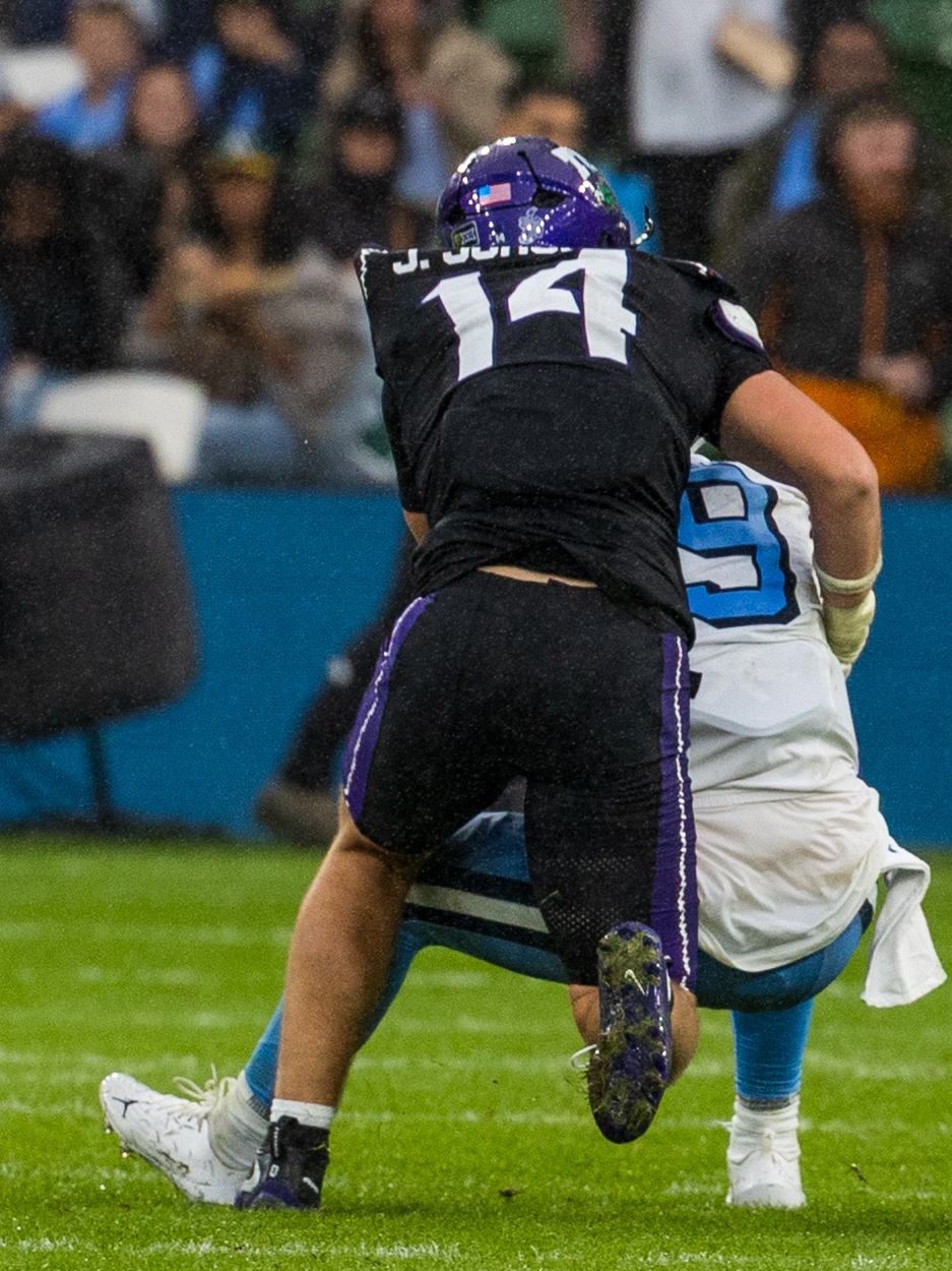 #14 John Schobel (EDGE) TCU Horned Frogs tackle #9 Billy Edwards Jr. (QB) University of North Carolina Tar Heels