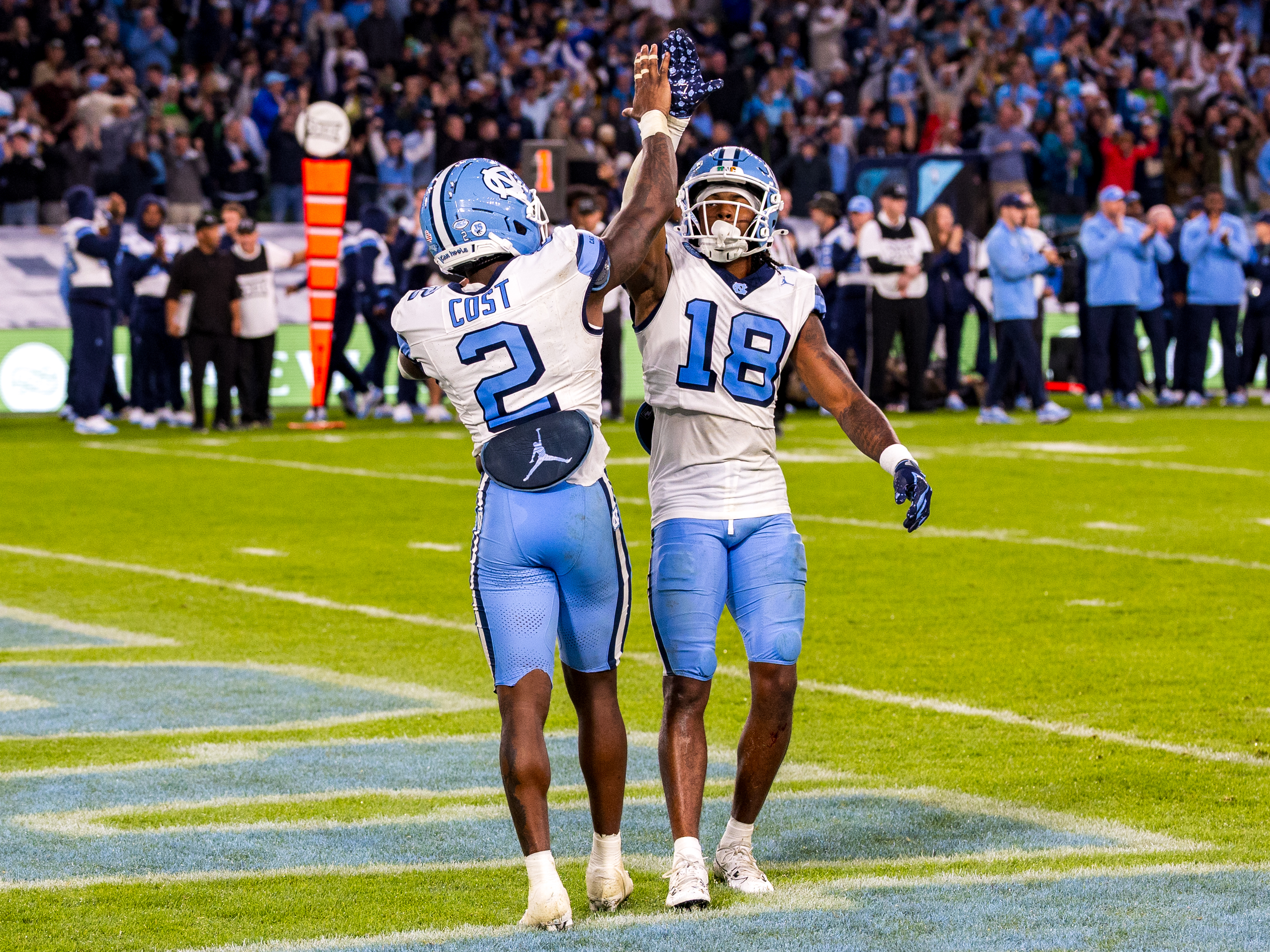 Celebration from #2 Kaleb Cost (DB) University of North Carolina Tar Heels and #18 Jaiden Patterson (DB) University of North Carolina Tar Heels in the end zone