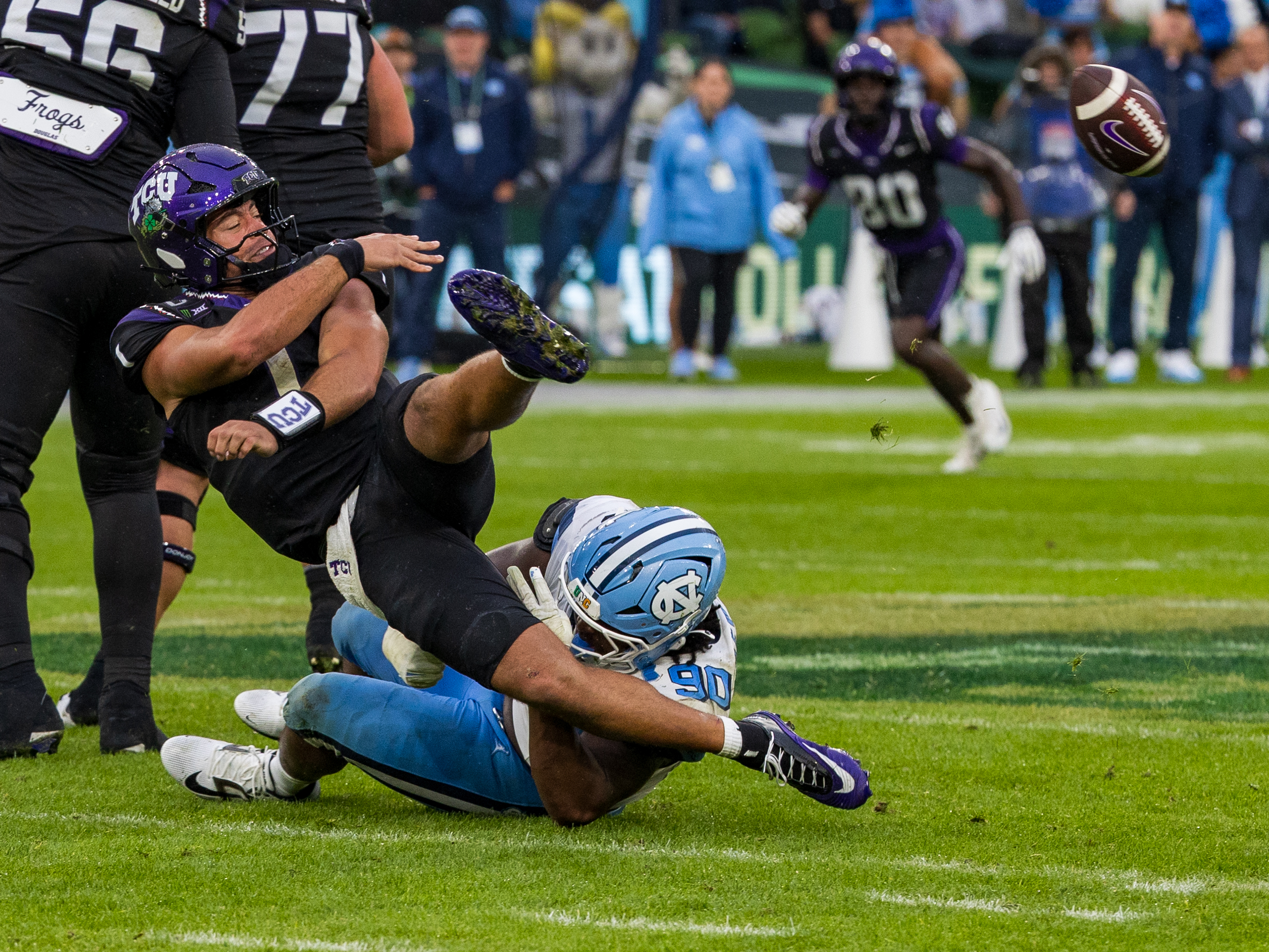 #90 Xavier Lewis (DL) University of North Carolina Tar Heels sack #1 Jaden Craig (QB) TCU Horned Frogs.