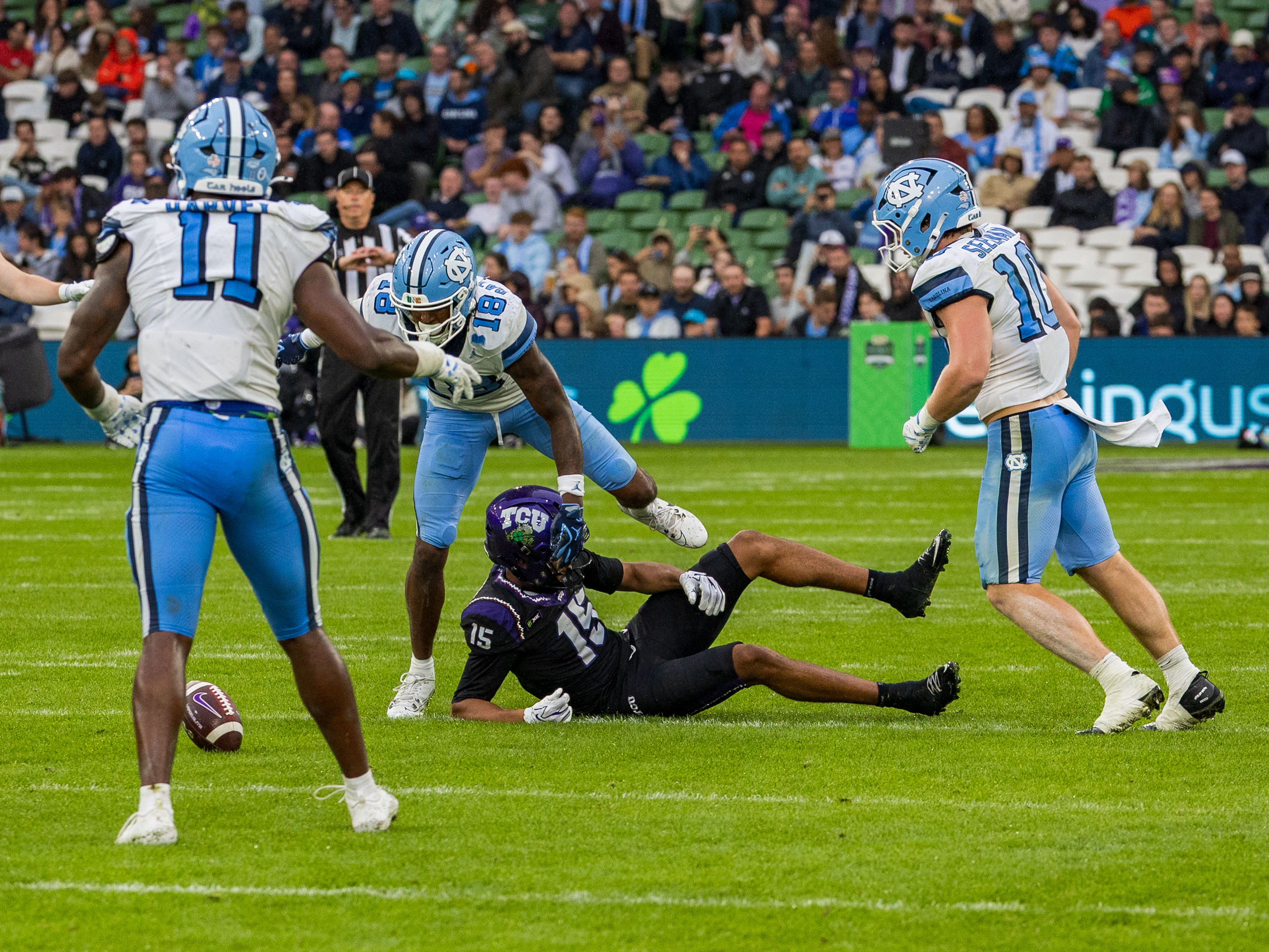 #18 Jaiden Patterson (DB) University of North Carolina Tar Heels deflected the ball from #15 Terry Shelton (WR) TCU Horned Frogs