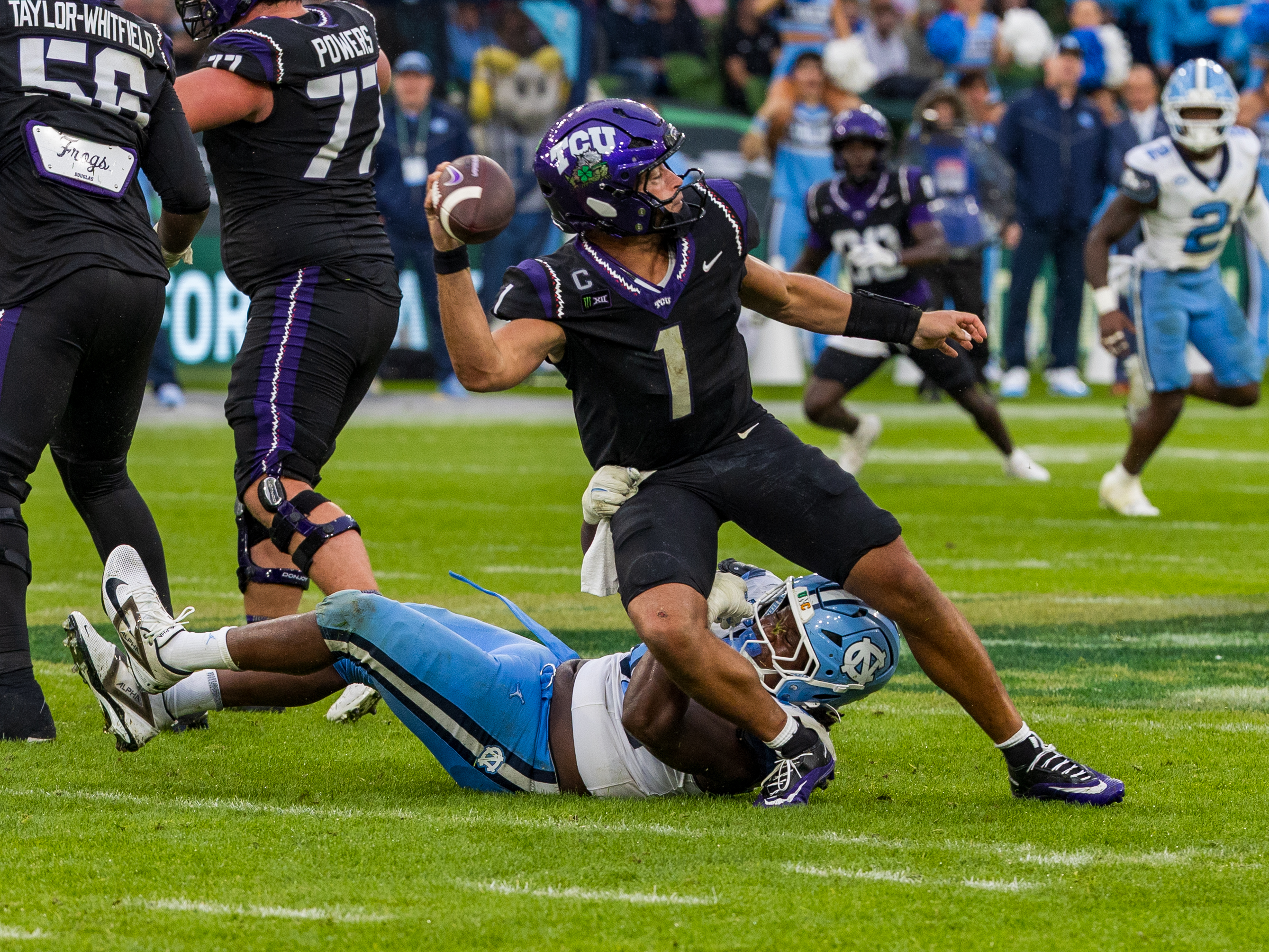 #90 Xavier Lewis (DL) University of North Carolina Tar Heels tackle #1 Jaden Craig (QB) TCU Horned Frogs
