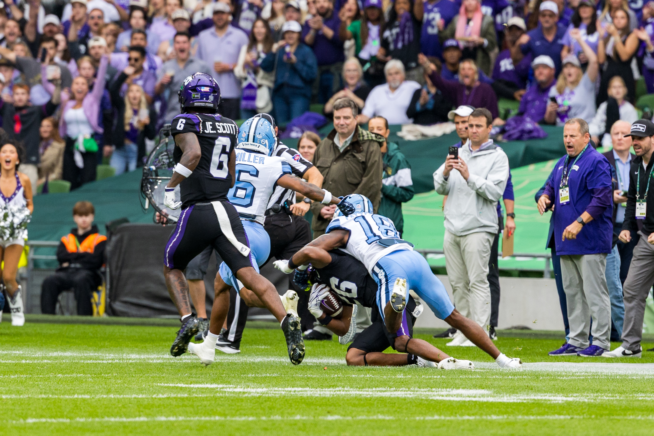 #18 Jaiden Patterson (DB) University of North Carolina Tar Heels tackle #26 Jeremy Payne (RB) TCU Horned Frogs