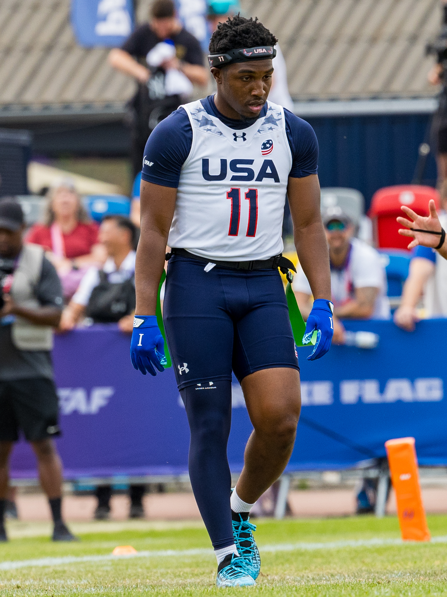#11 Isaiah CalhounTheard Jr (DB) Team USA Men walk over the field.