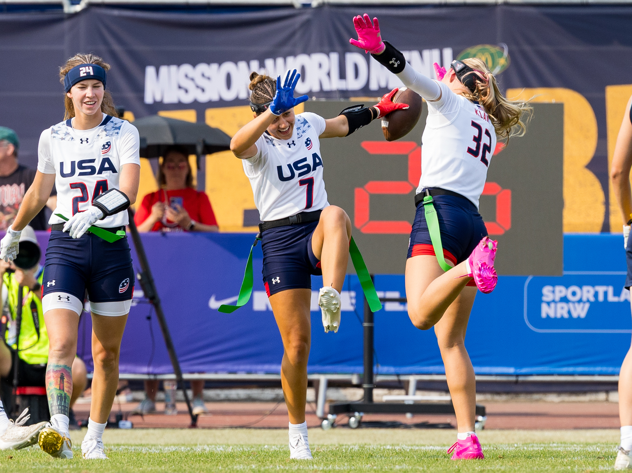 Celebration from #7 Maci Joncich (WR/QB) Team USA Women and #32 Ashlea Klam (C/S) Team USA Women after the Touchdown.