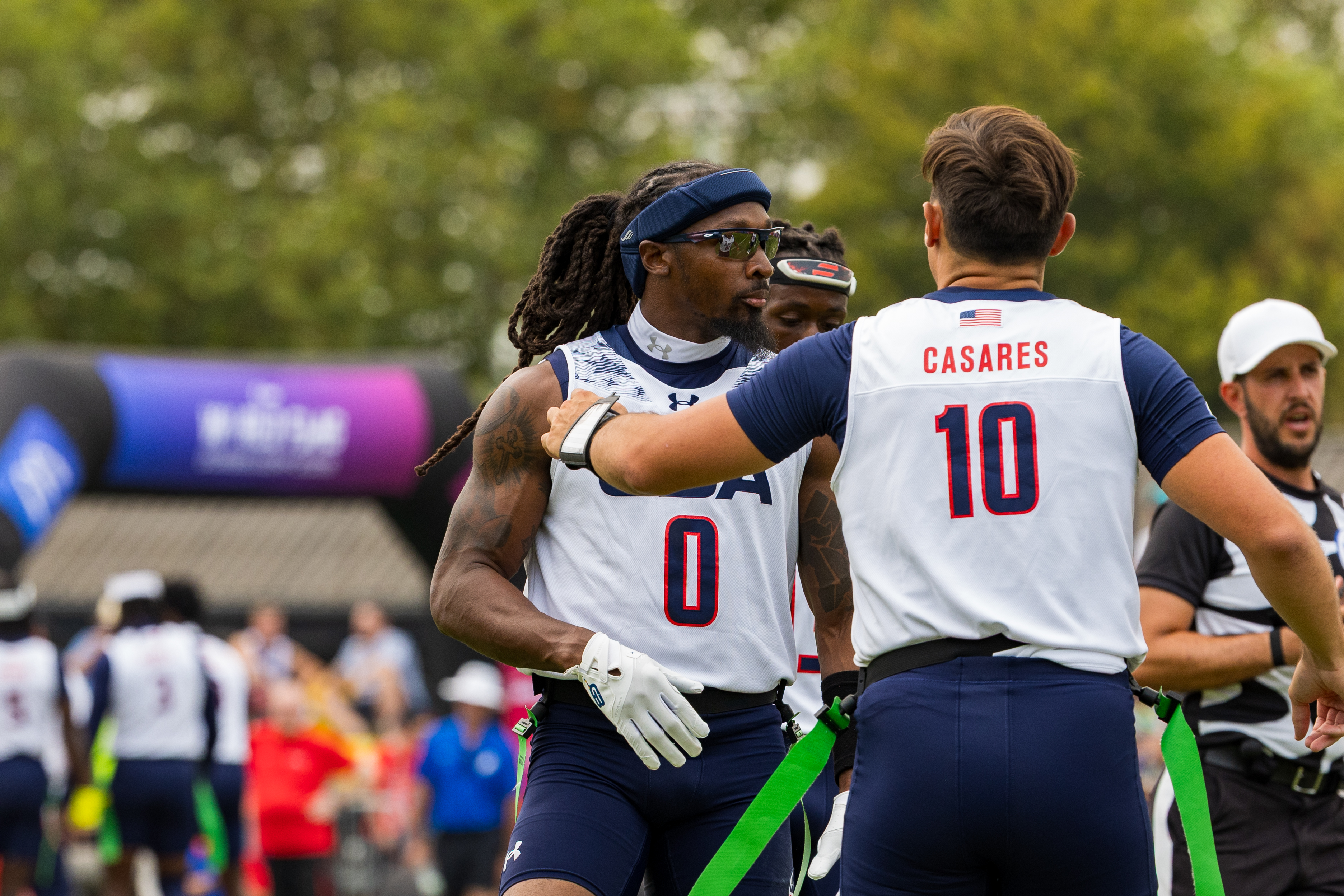 #10 Nicholas "Nico" Casares (QB) Team USA Men talk with #0 Tyler Davis (WR/RSH) Team USA Men