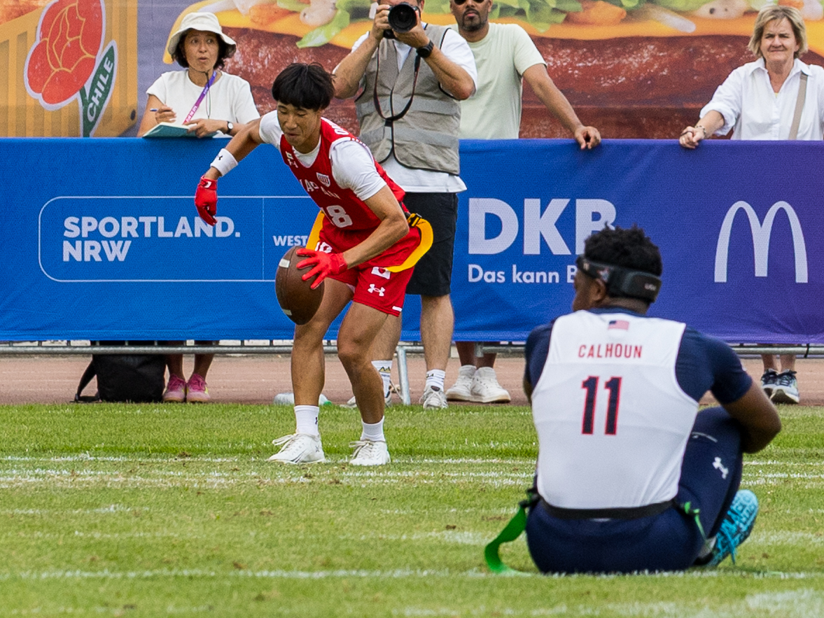 #18 KODAI OKUMURA ( WR/DB ) Team Japan Men Touchdown. No chance to tackle from #11 Isaiah CalhounTheard Jr (DB) Team USA Men