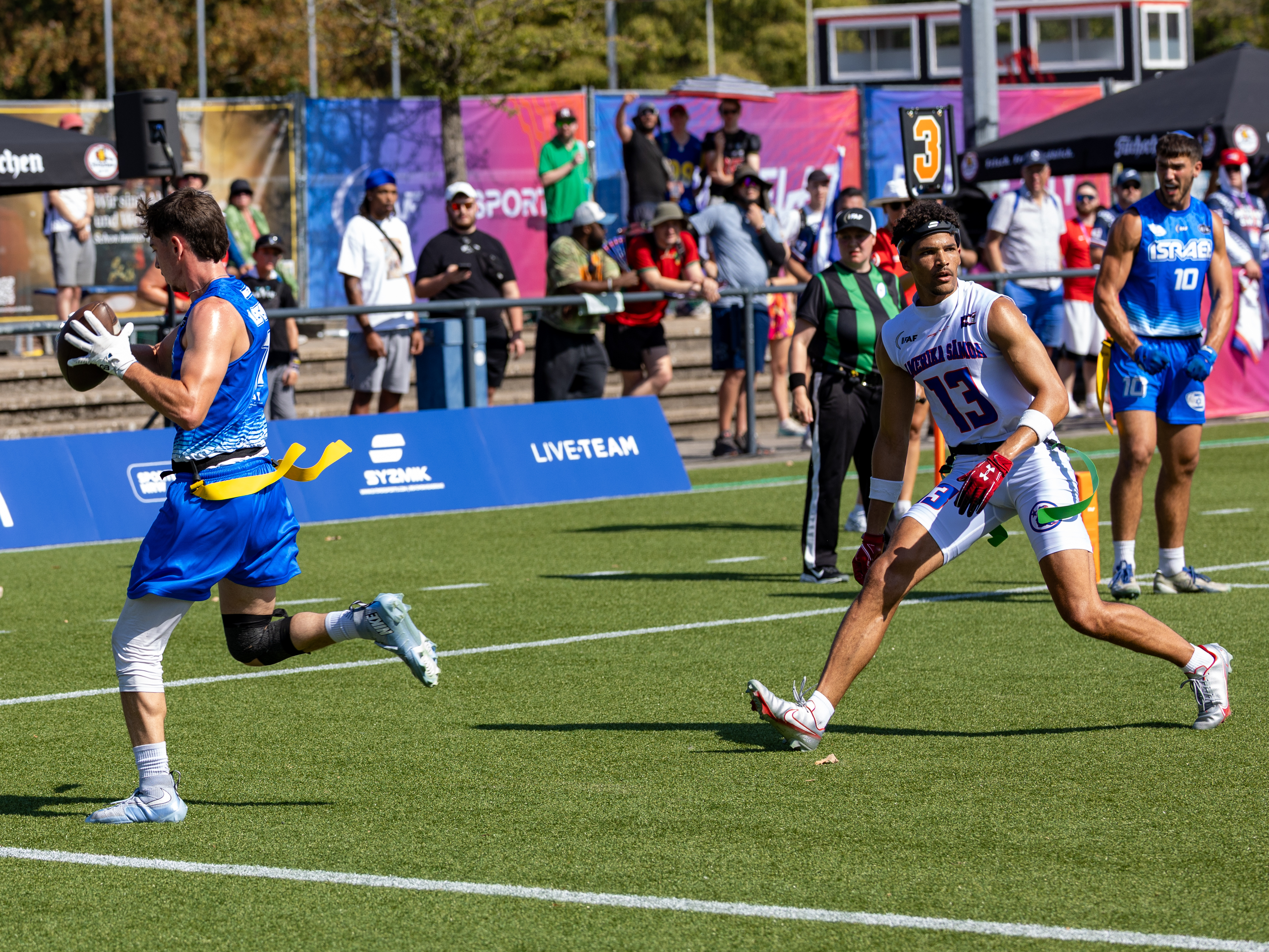 #17 CARTER CAMPBELL (WR) Team Israel Men touchdown. #13 Alijah Isaiah Holder (WR/DB) Team American Samoa Men too late to stop.