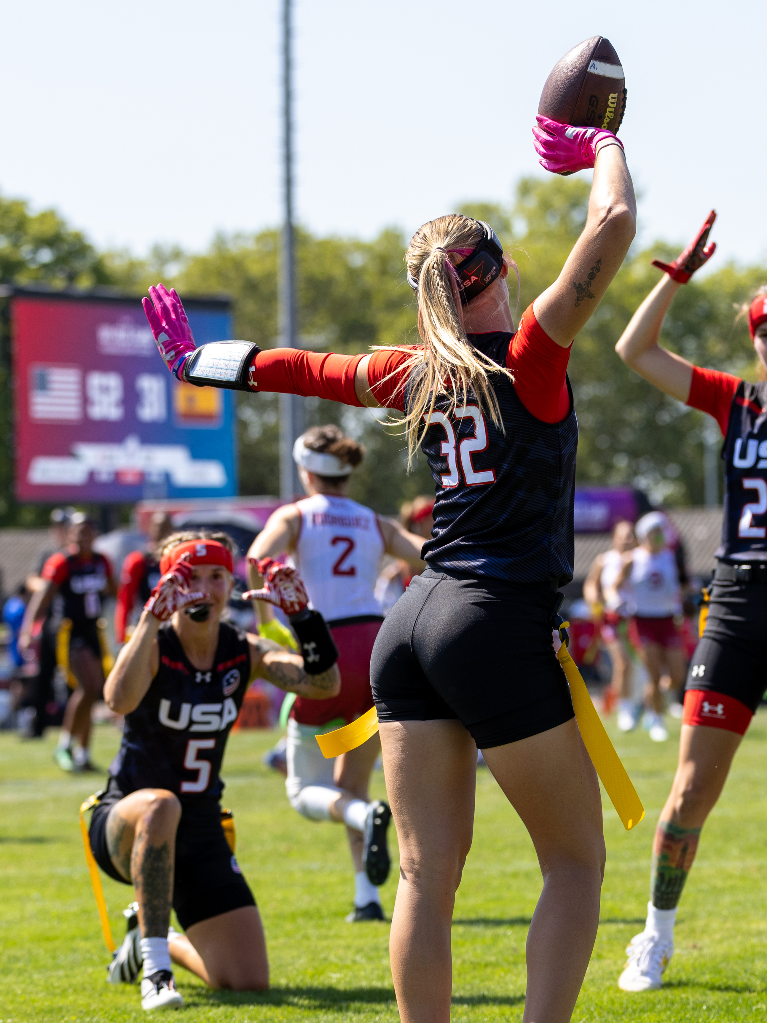 #32 Ashlea Klam (C/S) Team USA Women celebration with #5 Madison Fulford (WR/DB) Team USA Women