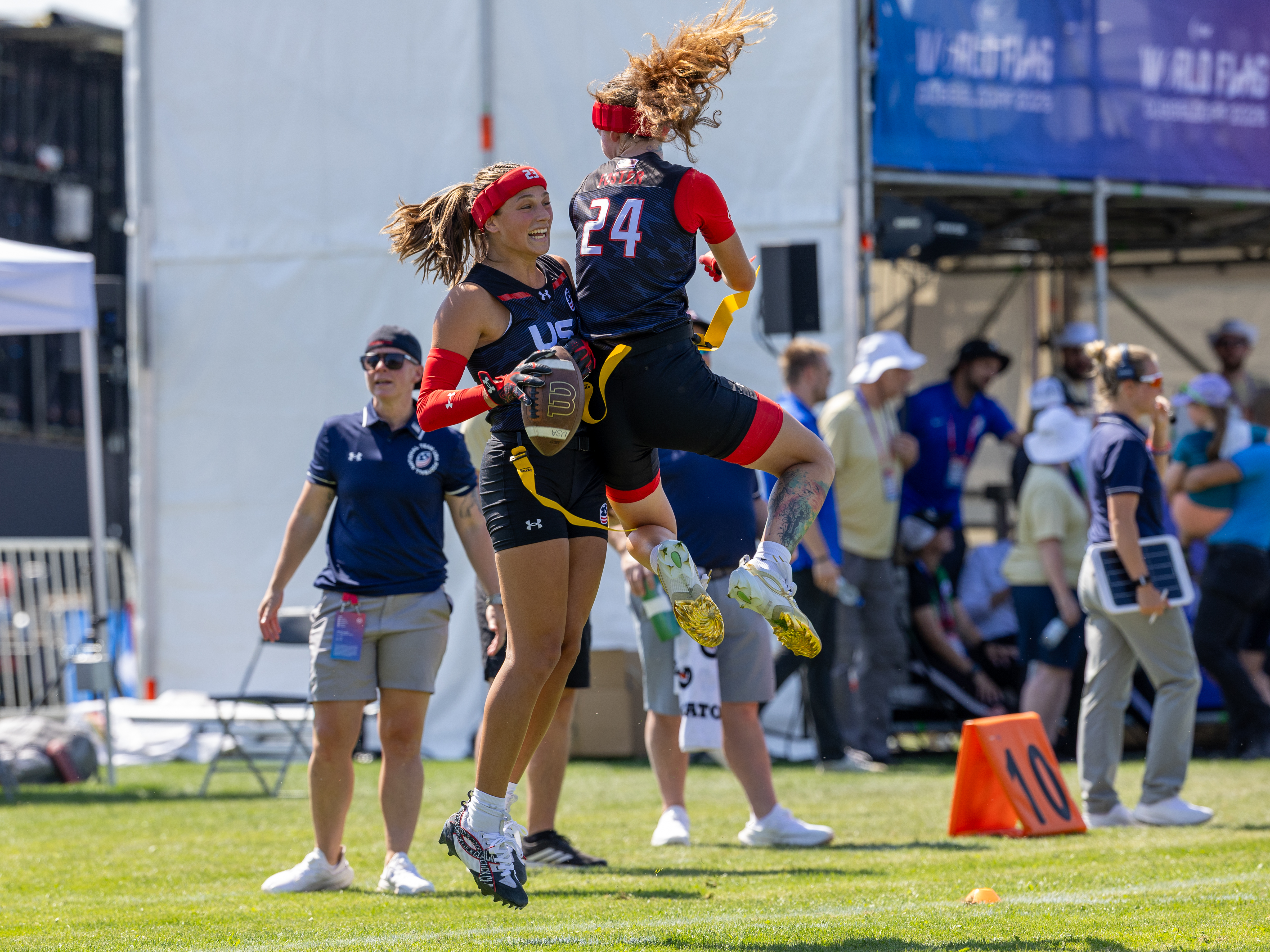 #21 NyKeeta Christopher (DB/WR) Team USA Women and #24 Kennedy Foster (WR/DB) Team USA Women jump celebration