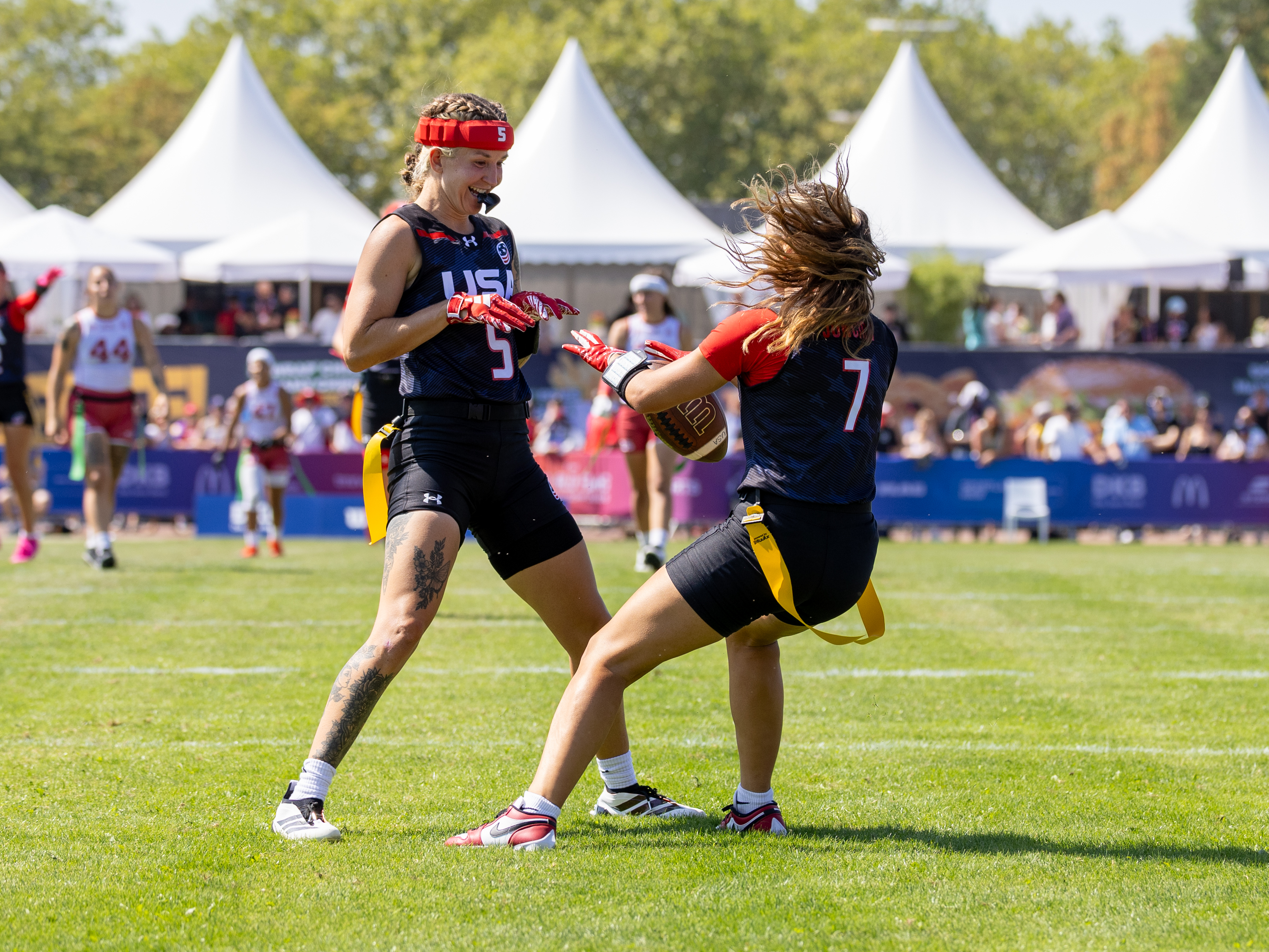 #5 Madison Fulford (WR/DB) Team USA Women and #7 Maci Joncich (WR/QB) Team USA Women celebration after the touchdown