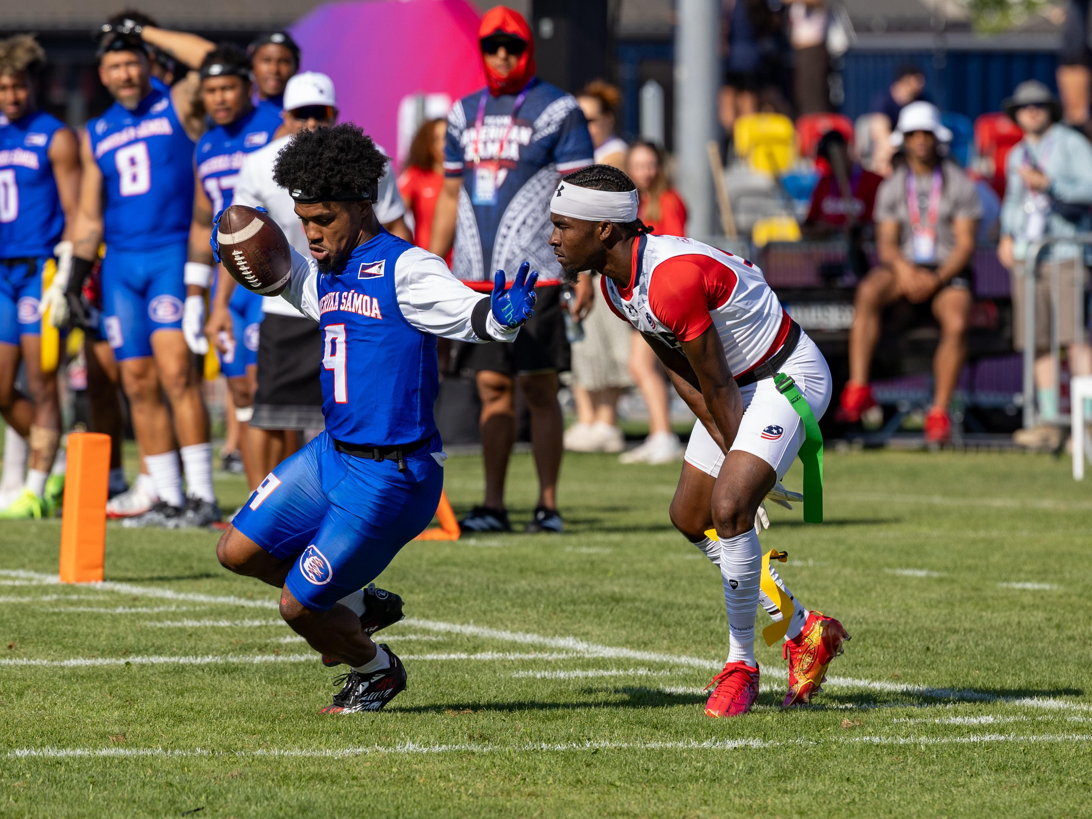 #9 Jahcour Hasaan Pearson (WR/DB) Team American Samoa Men dance on the Field.