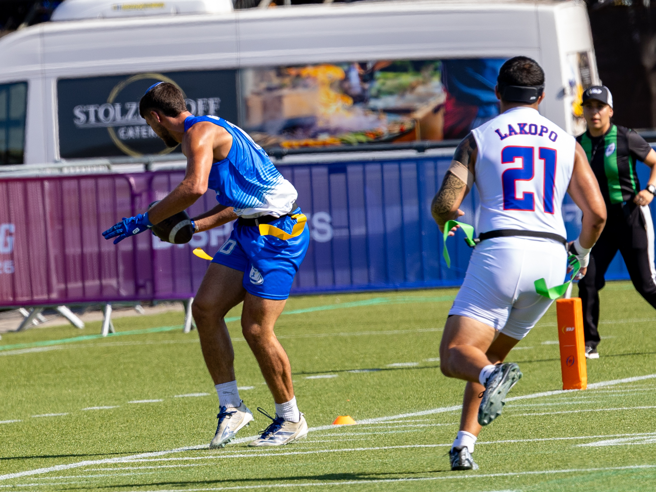 #10 MATAN BAUMAN (WR) Team Israel Men catch the ball for a touchdown