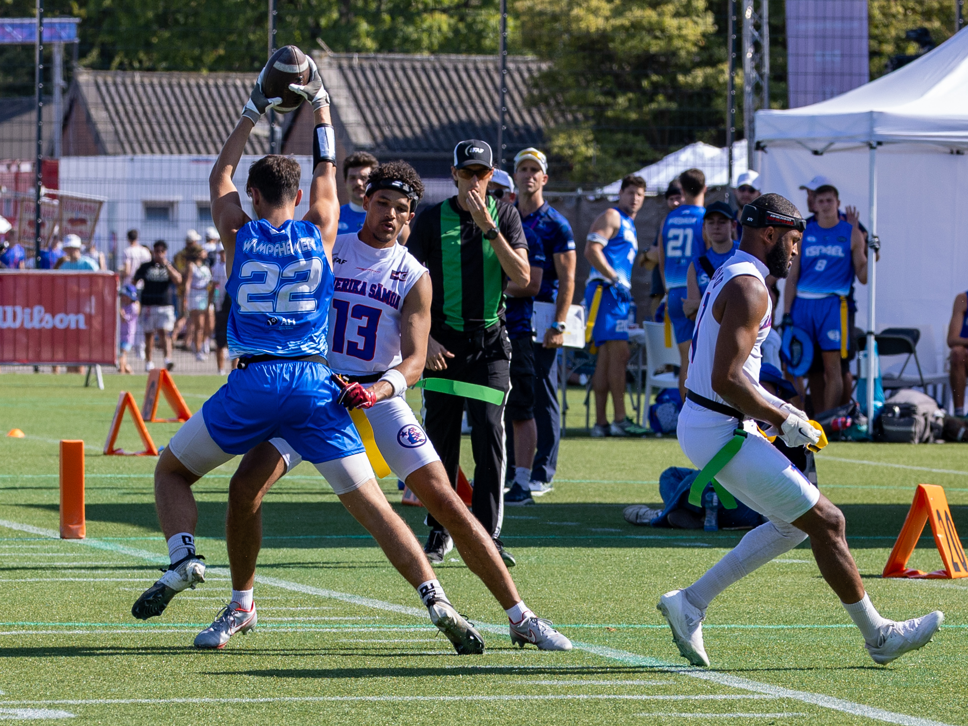 #13 Alijah Isaiah Holder (WR/DB) Team American Samoa Men stops Israel WR.