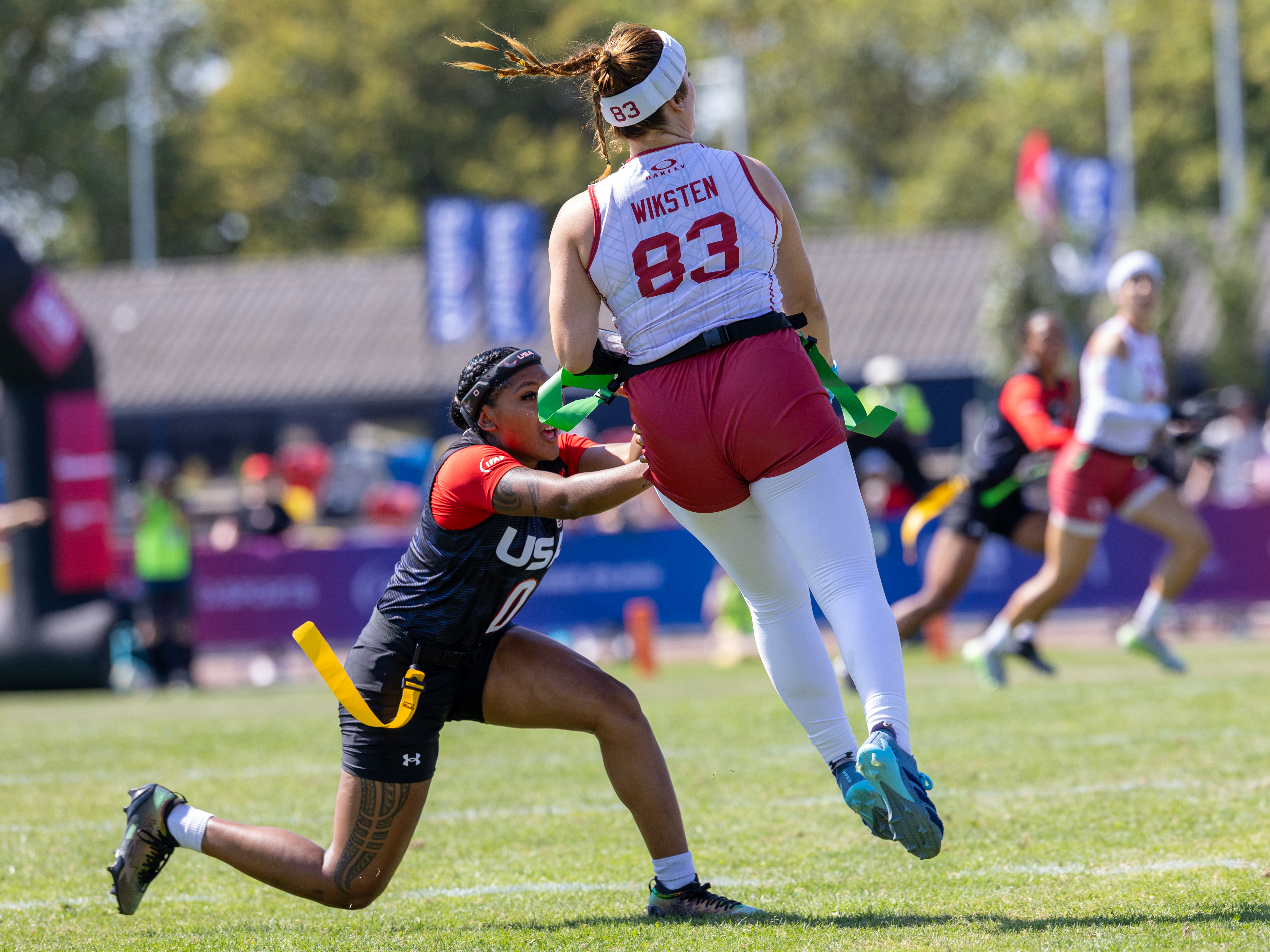#0 Brooklin Hill (WR/DB) Team USA Women miss the flag from #83 Violeta Alexandra Wiksten Oliver (C) Team Spain Women