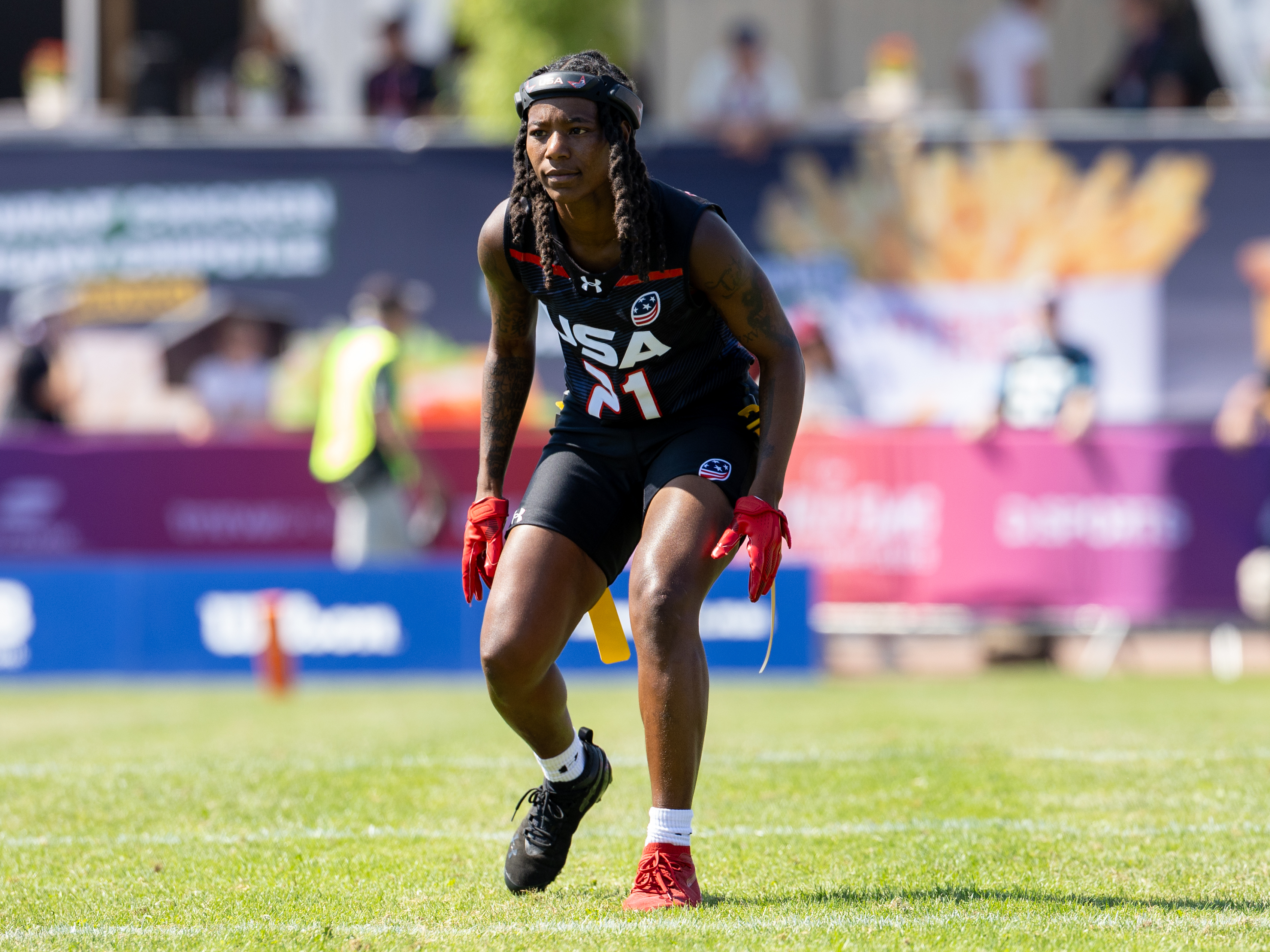 #21 NyKeeta Christopher (DB/WR) Team USA Women wait for the snap