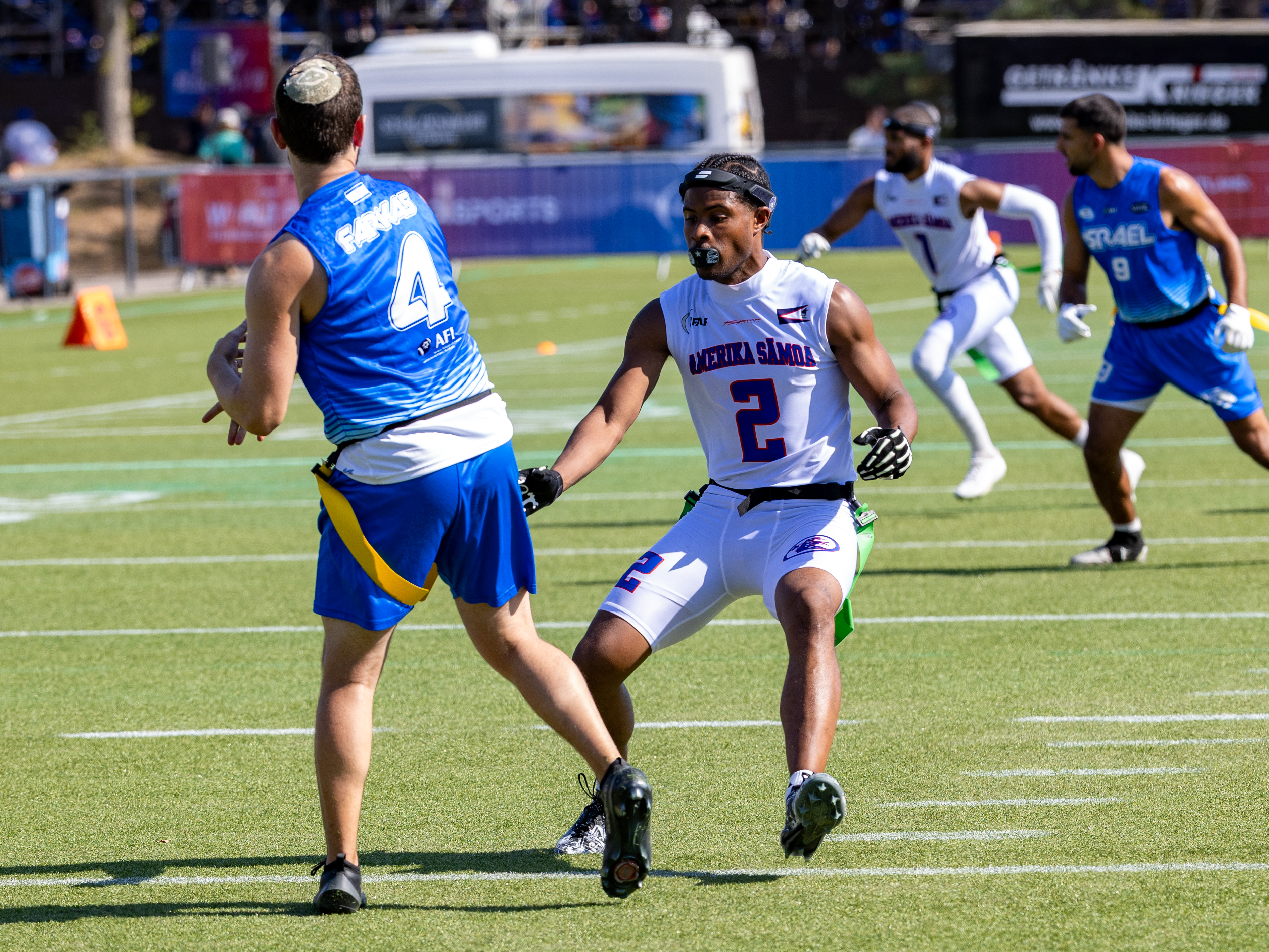 #2 Antonio Hill (WR/DB) Team American Samoa Men to late for block the bass from #4 AVRAHAM FARKAS (QB) Team Israel Men