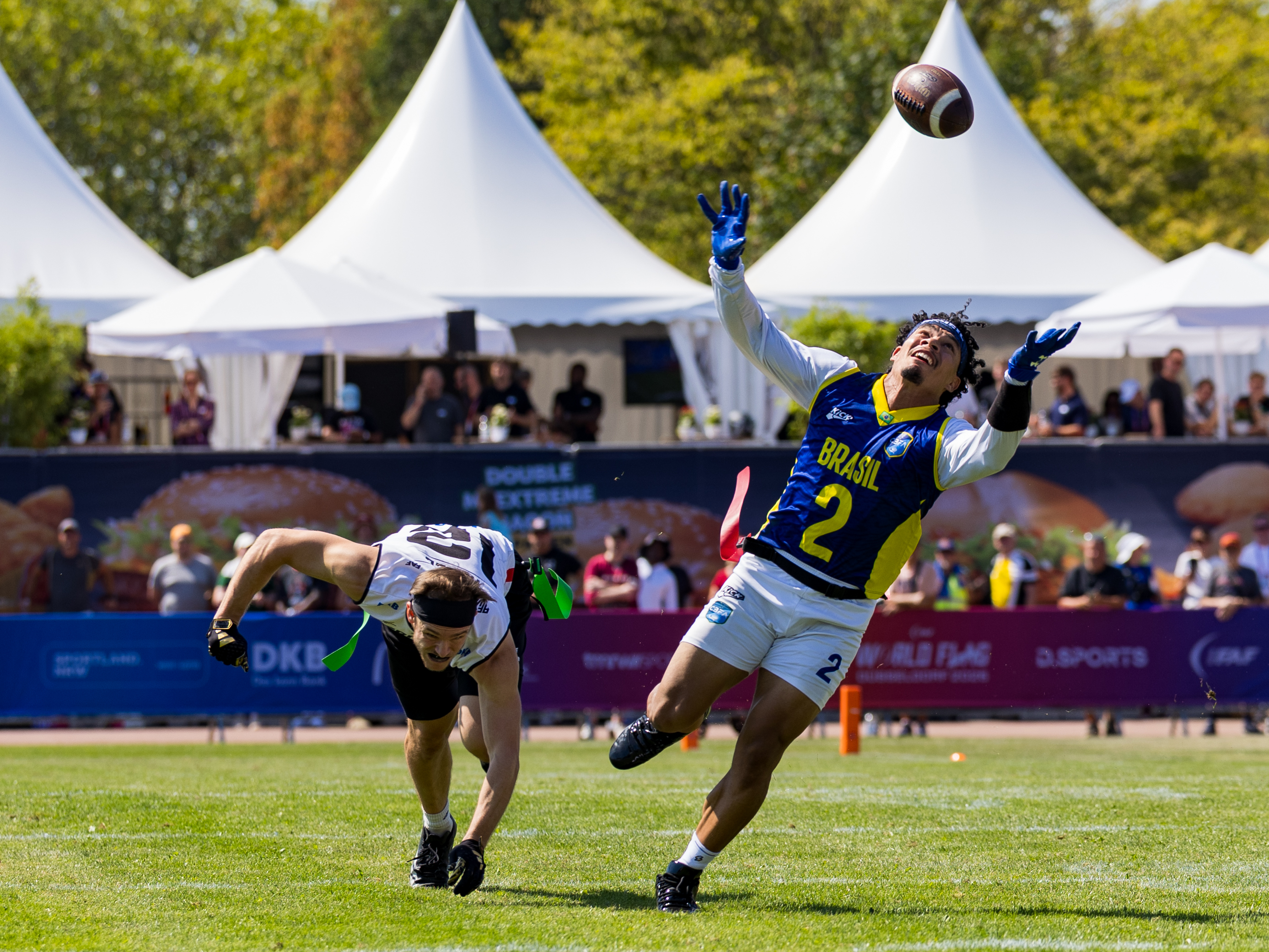 #12 Moritz Apfel (DB) Team Germany Men no chance to stop the play. Incomplete pass to #2 Adner Sanches Ladeira (WR) Team Brazil Me