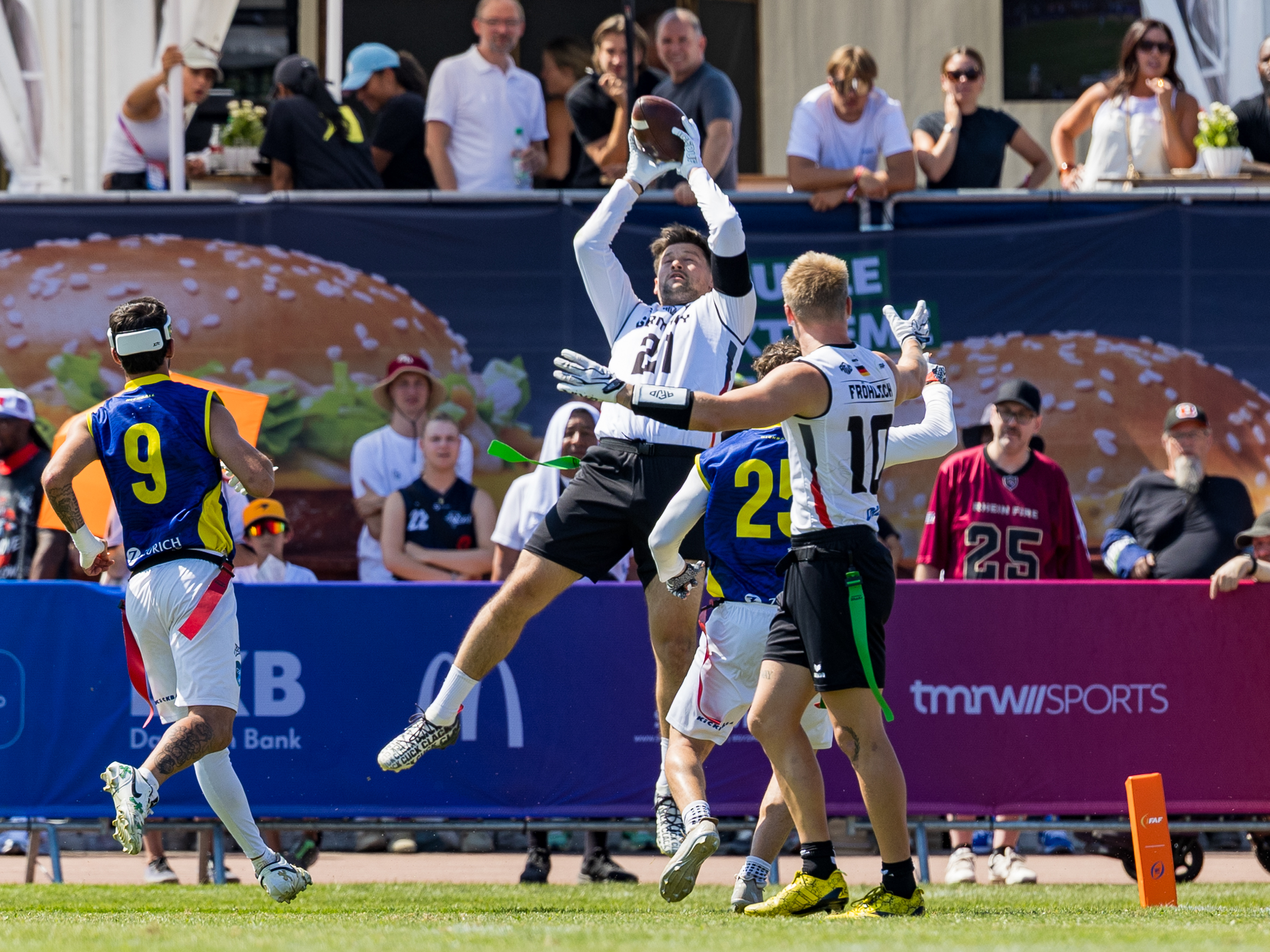 #21 Fabian Achenbach (DB/WR) Team Germany Men catch the ball in the air to a touchdown