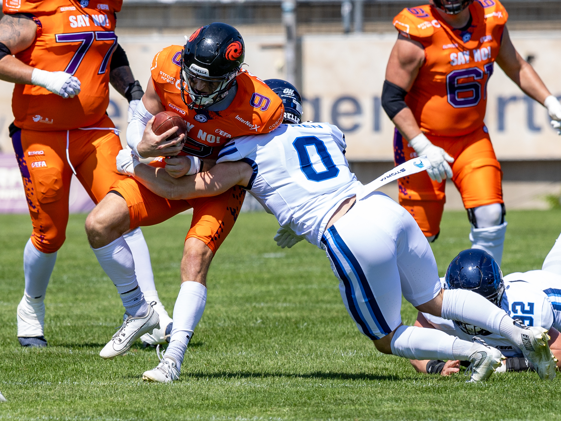 #0 Ludvig Myrén (Linebacker) – Nordic Storm tackle #9 Zach Calzada (Quarterback) – Frankfurt Galaxy