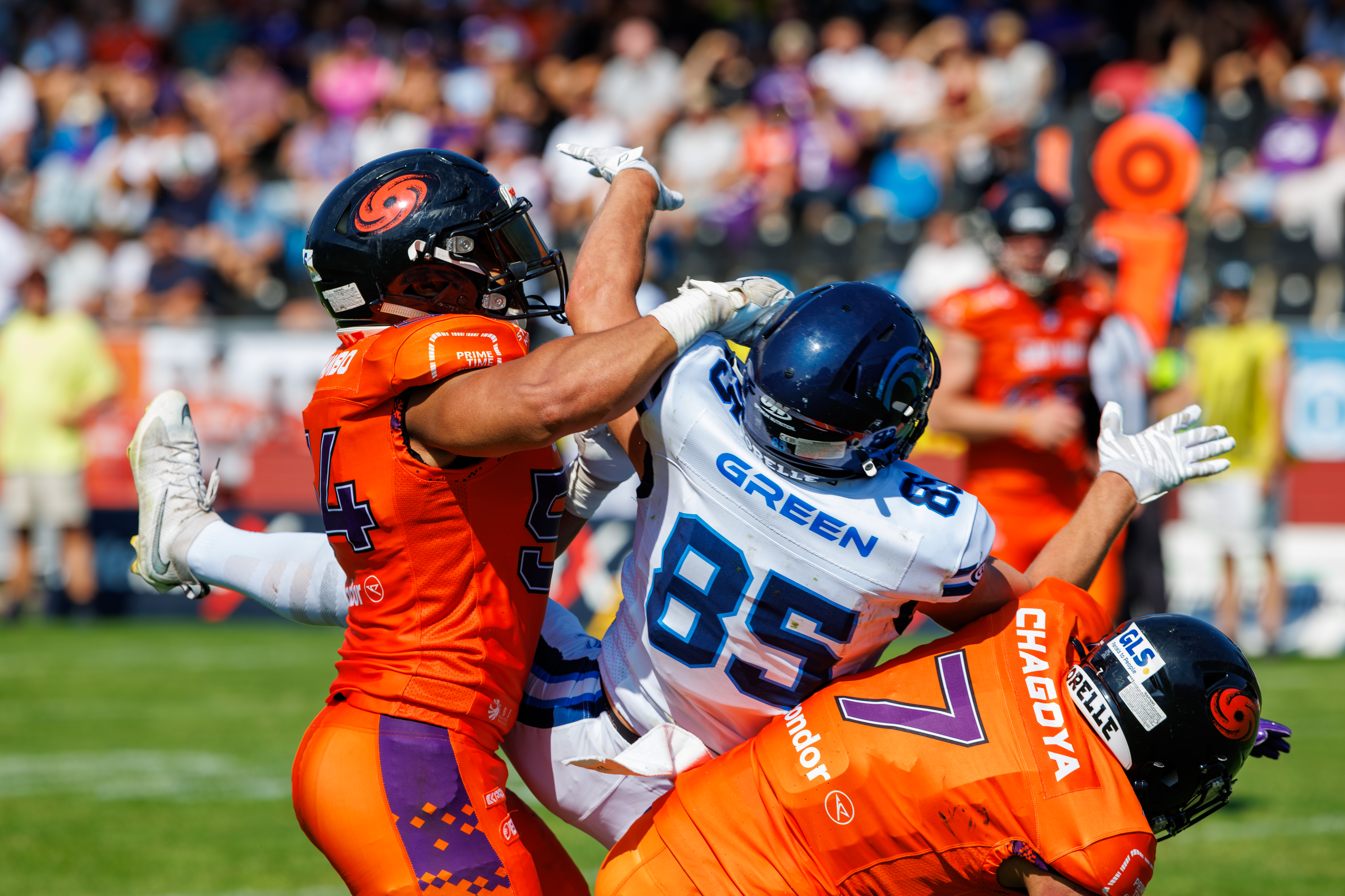 #7 Enrico Chagoya (Defensive Back) – Frankfurt Galaxy and #54 Dominique Mambo (Linebacker) – Frankfurt Galaxy protect the ball from #85 Jakob Green (Wide Receiver) – Nordic Storm