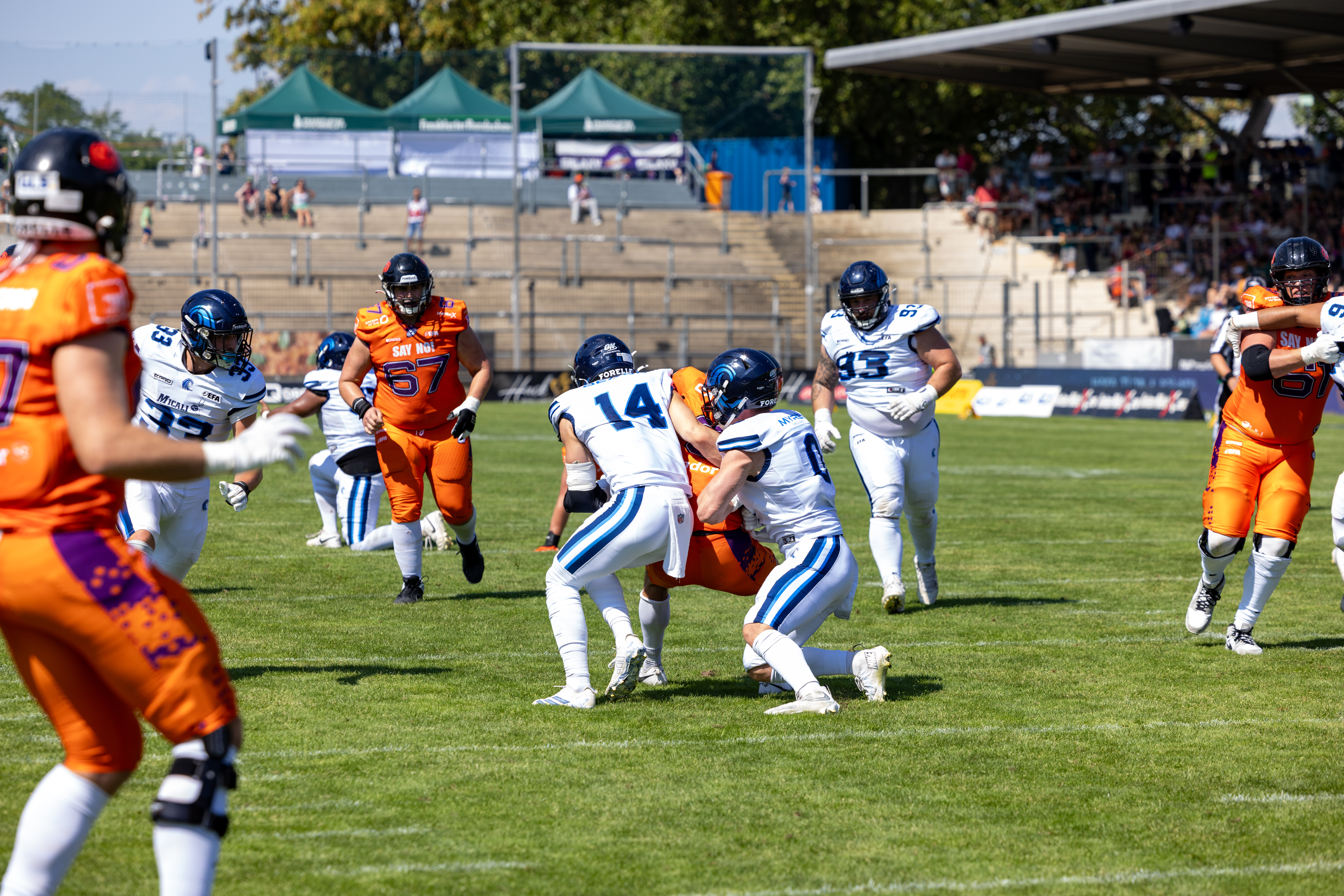 #14 Macéo Beard (Defensive Back) – Nordic Storm and #0 Ludvig Myrén (Linebacker) – Nordic Storm tackle #5 Paul Kavadia-Lenhardt (Wide Receiver) – Frankfurt Galaxy