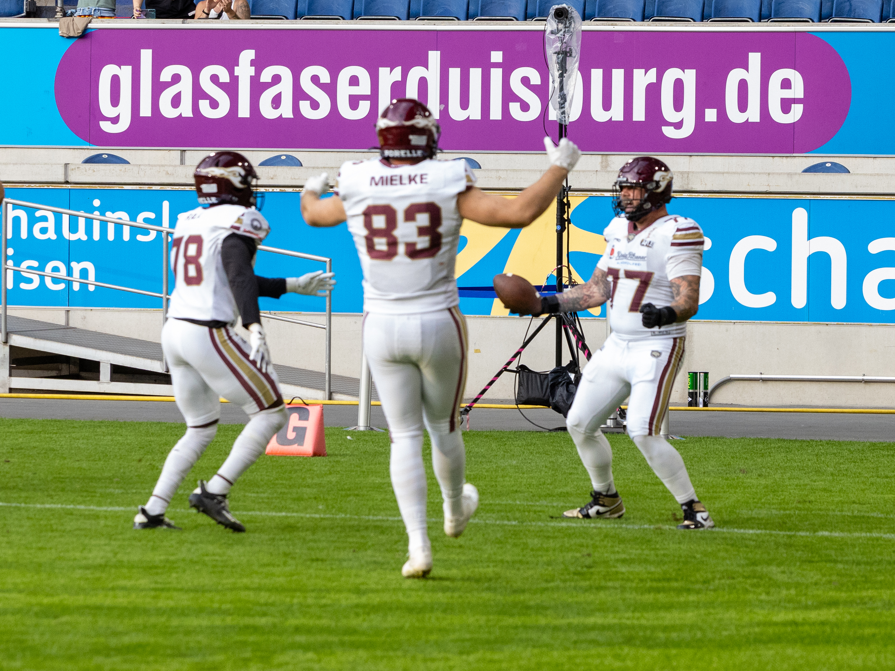 #77 Sven Breidenbach (Offensive Line) – Rhein Fire Touchdown celebration with #78 Yasir Raji (Offensive Line) – Rhein Fire and #83 Christopher Mielke (Tight End) – Rhein Fire