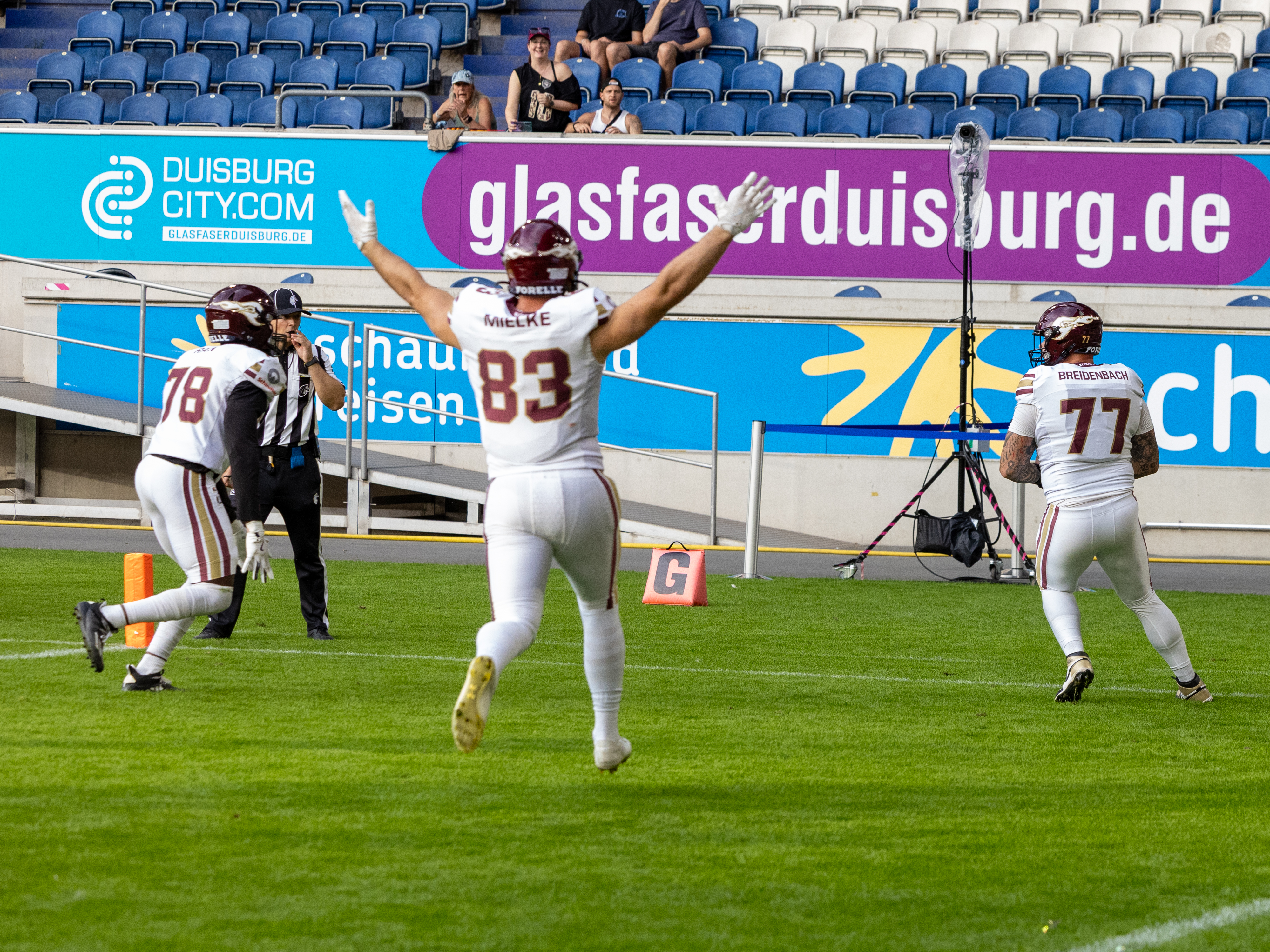 #77 Sven Breidenbach (Offensive Line) – Rhein Fire Touchdown celebration with #78 Yasir Raji (Offensive Line) – Rhein Fire and #83 Christopher Mielke (Tight End) – Rhein Fire