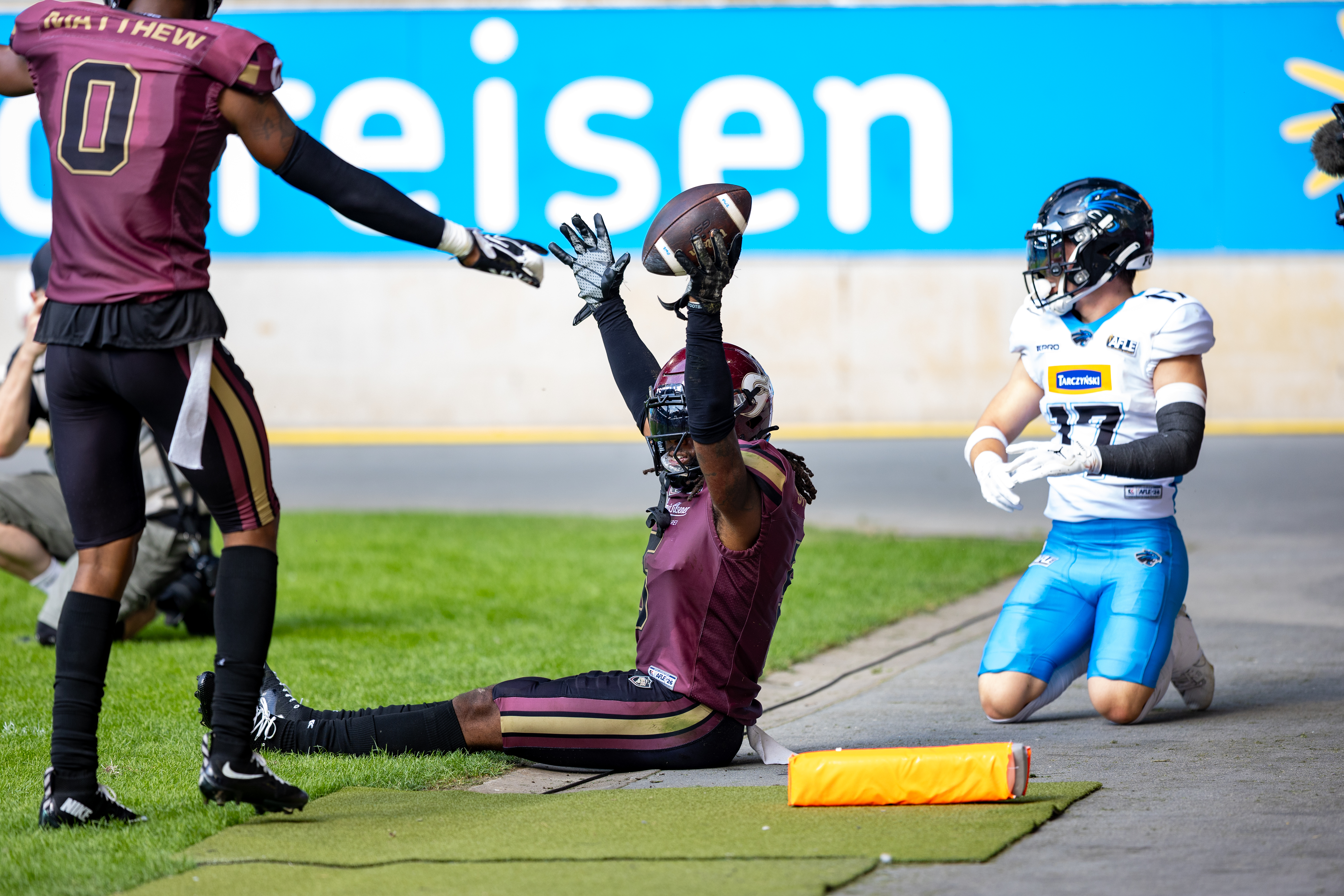 Interception celebration from #5 Nazir Streater (Strong Saftey) – Rhein Fire