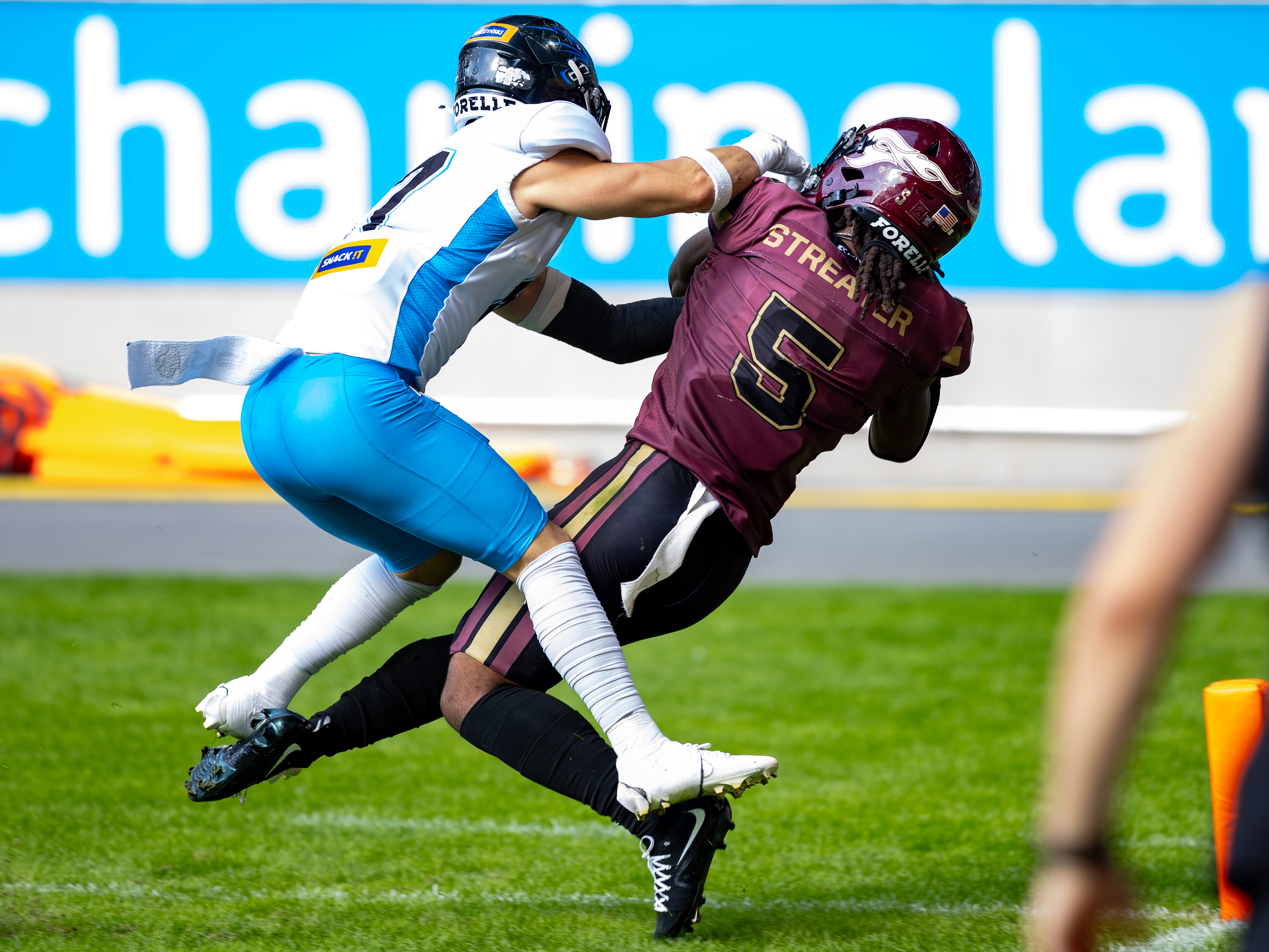 Interception from #5 Nazir Streater (Strong Saftey) – Rhein Fire. Rhein Fire vs Panthers Wroclaw, American Football, American Football League Europe, Week 8, 2026, 12.07.2026,