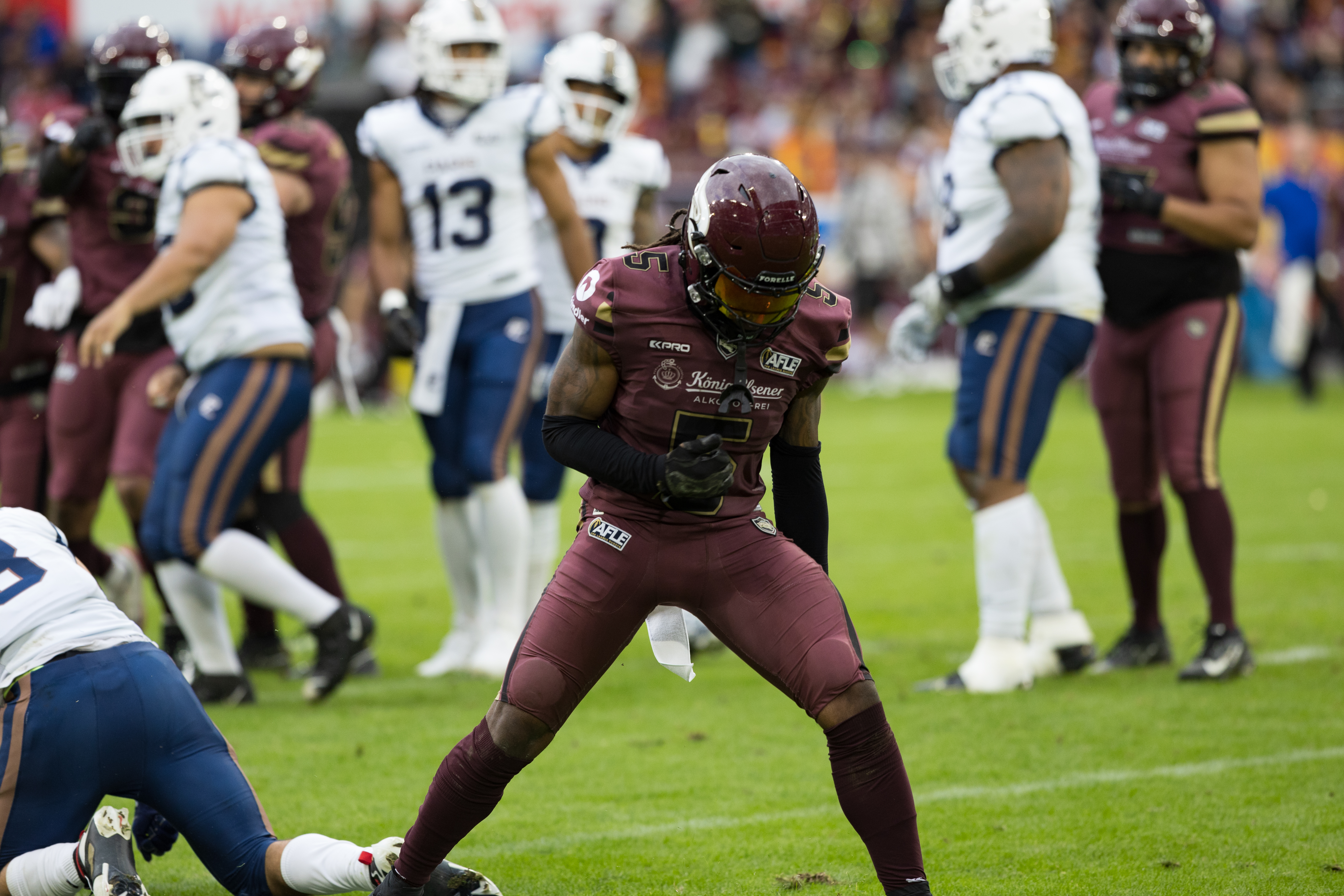 #5 Nazir Streater (Defensive Back) – Rhein Fire celebration after the tackle Rhein Fire vs Paris Lights, American Football, American Football League Europe, WEEK 4, 2026, 13.06.2026,