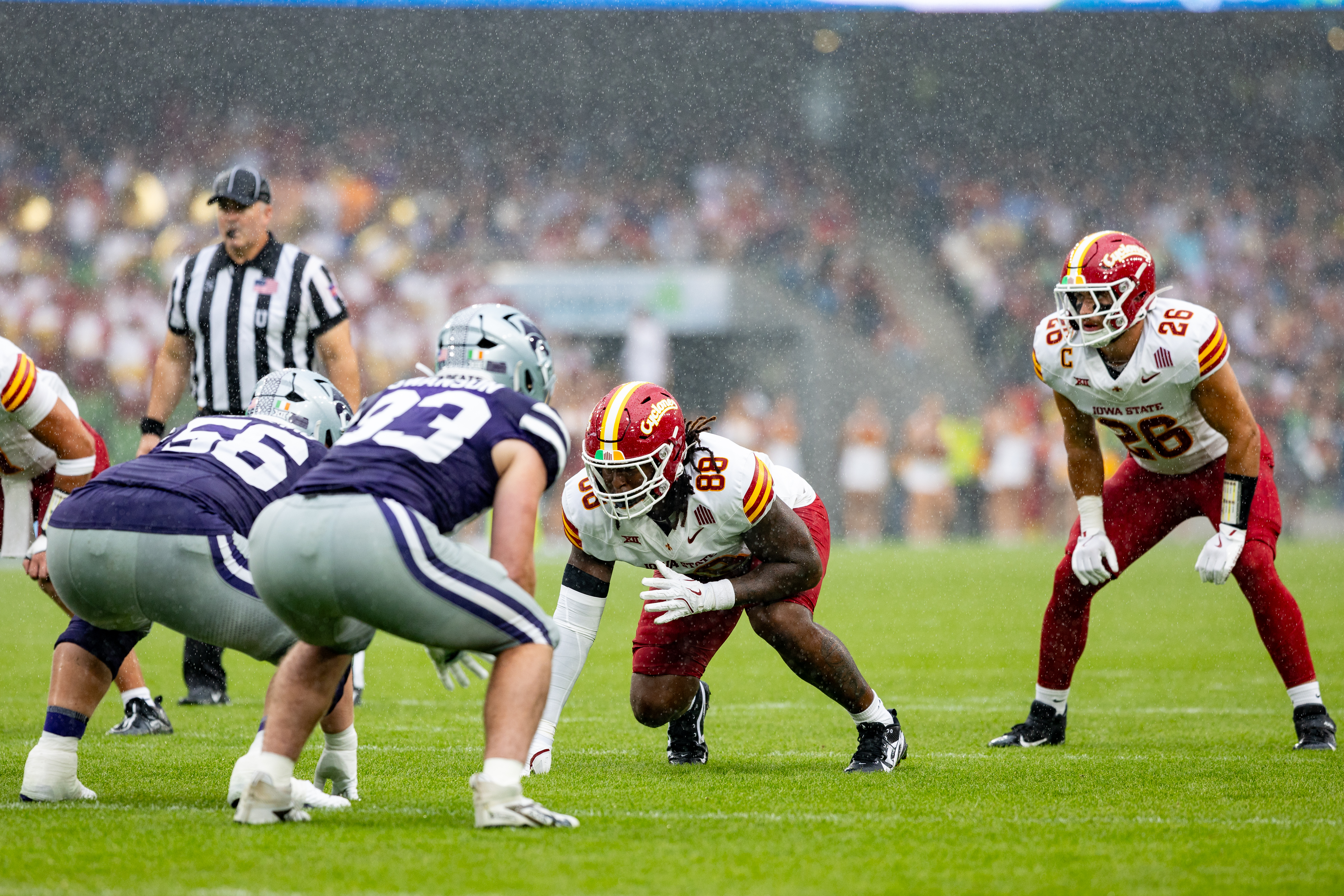 #88 Ikenna Ezeogu (DE) Iowa State Cyclon and #26 Caleb Bacon (LB) Iowa State Cyclon stand in rain Iowa State vs K-State, American Football, NCAA College Football, Week 1, 2025, 23.08.2025,