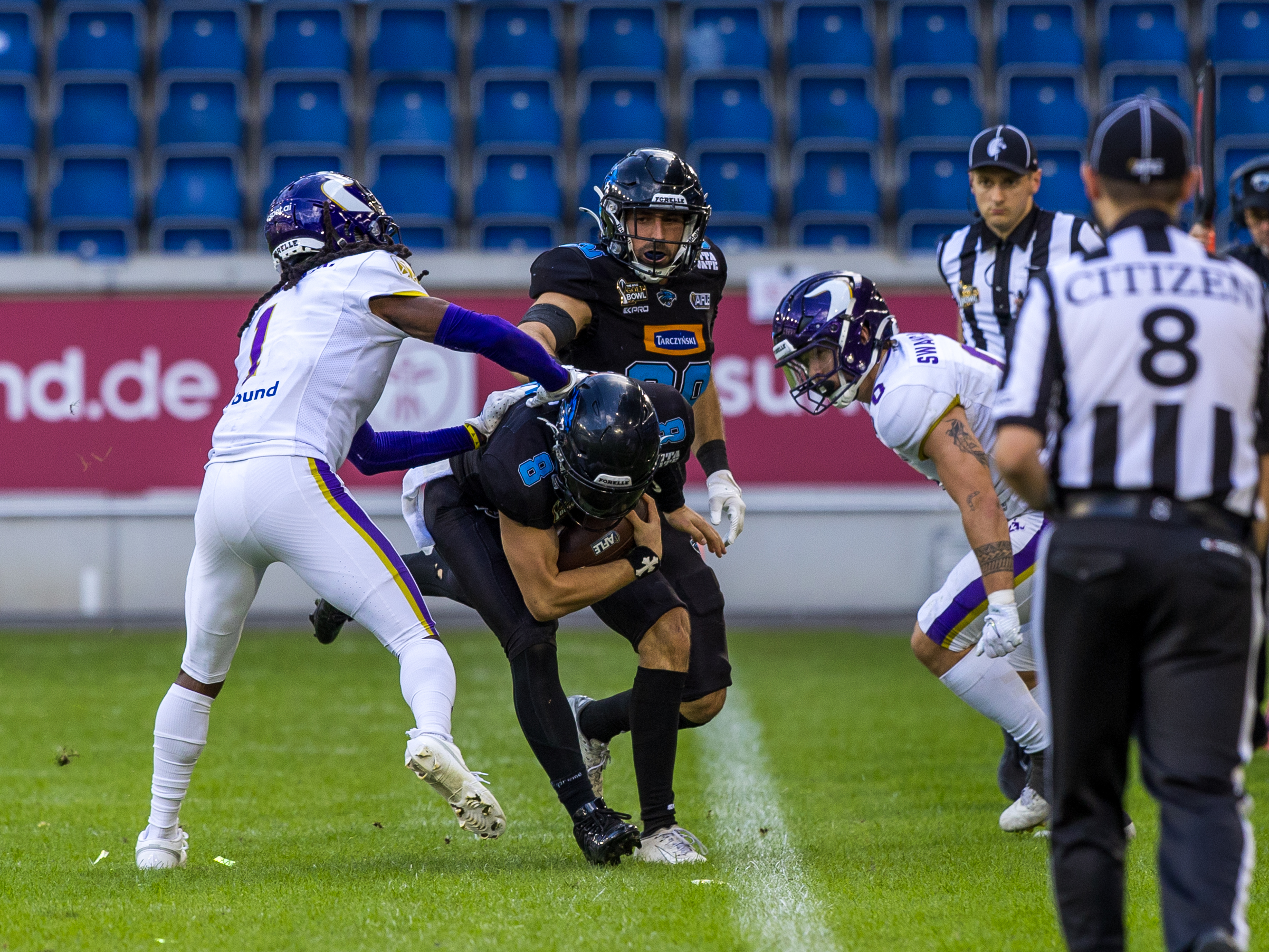#8 Jameson Wang (Quarterback) – Panthers Wroclaw run out the field.#1 Marloshawn Franklin Jr. (Free Safety / Cornerback) – Vienna Vikings no chance to tackle.