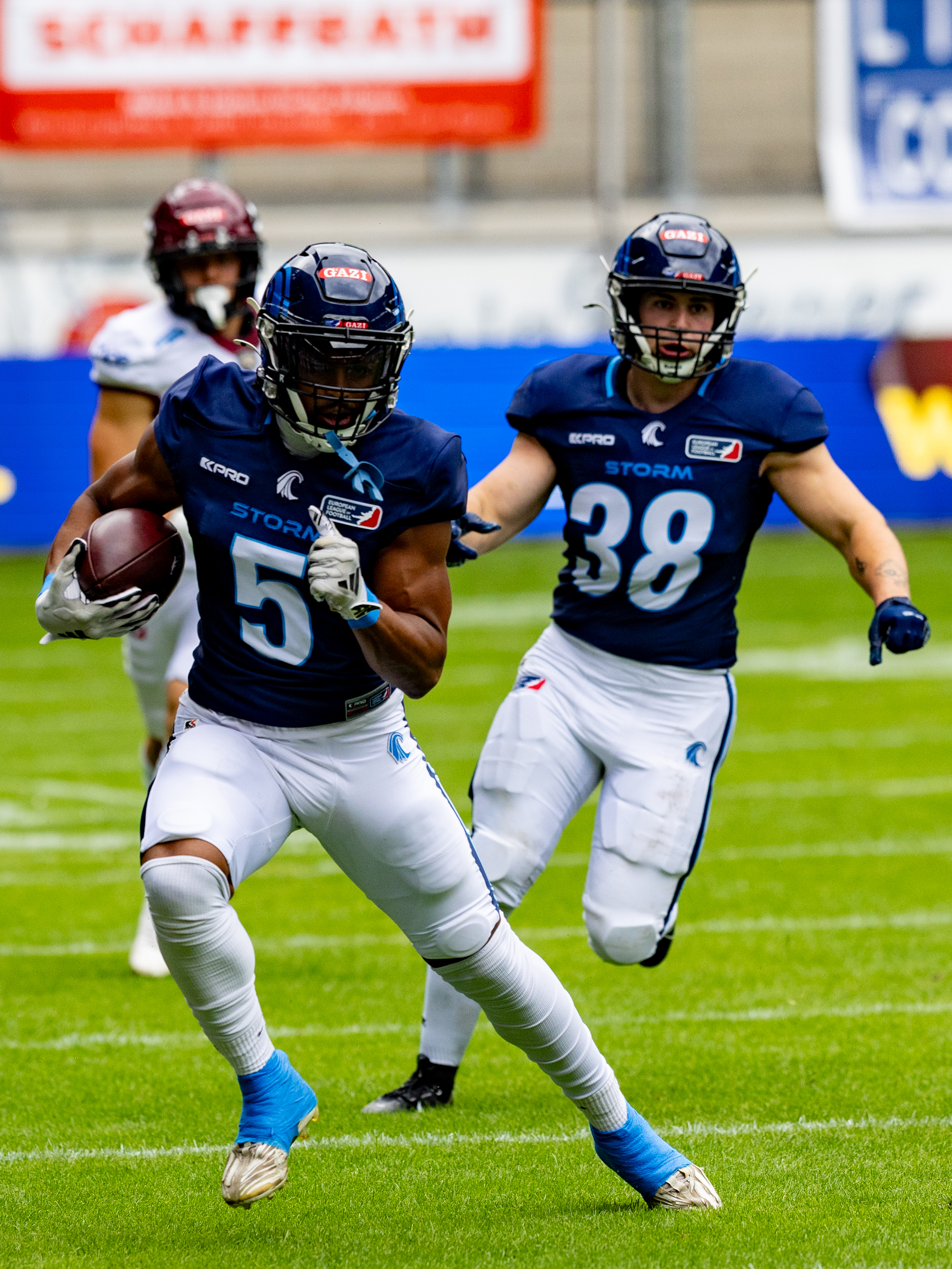 #5 Edvin Taborda (WR) Nordic Storm run after the catch. Rhein Fire vs Nordic Storm, American Football, European League of Football, Week 14, 2025, 17.08.2025,