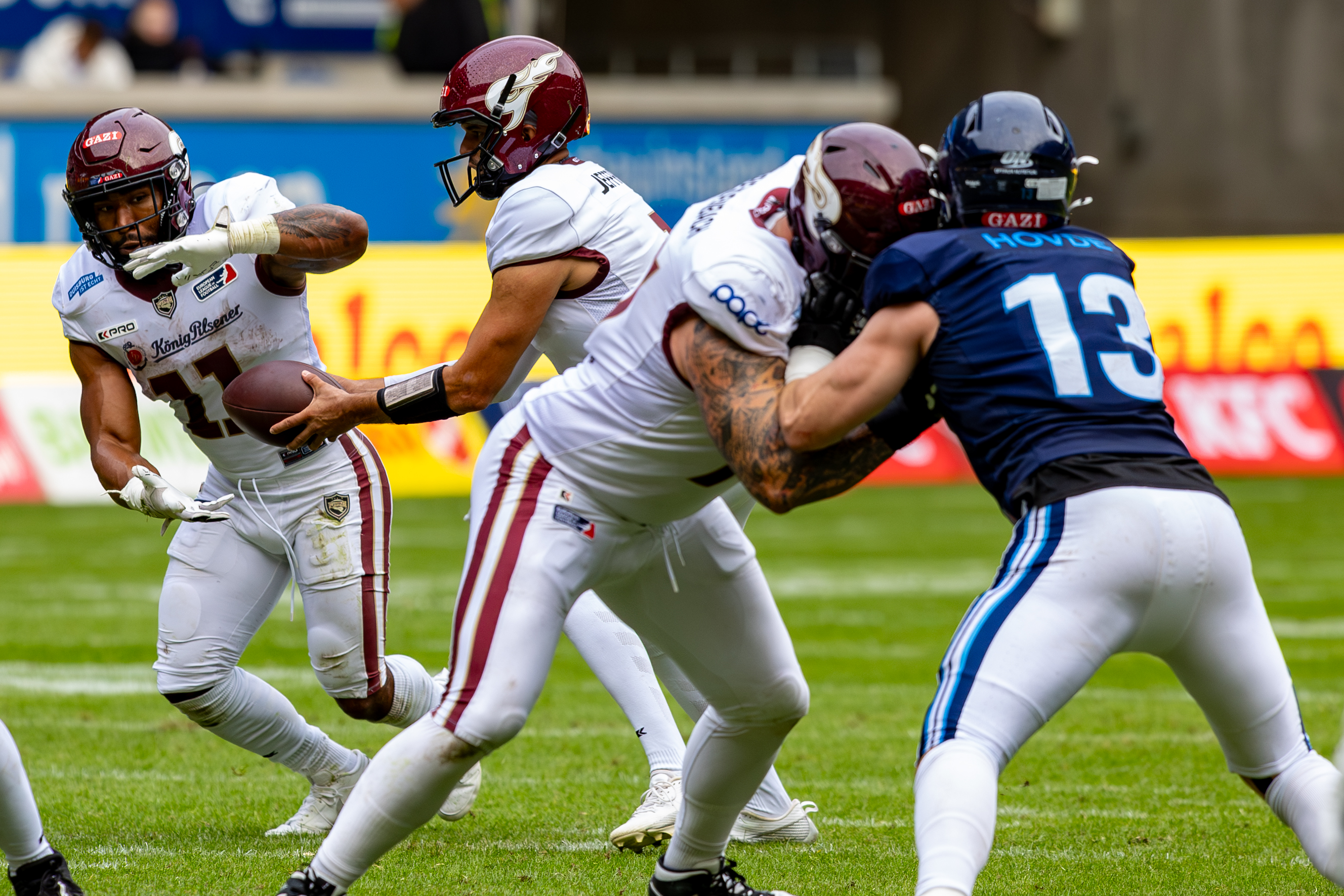 #1 Chad Jeffries (QB) Rhein Fire and #11 Jonathan Scott (RB) Rhein Fire. Rhein Fire vs Nordic Storm, American Football, European League of Football, Week 14, 2025, 17.08.2025,