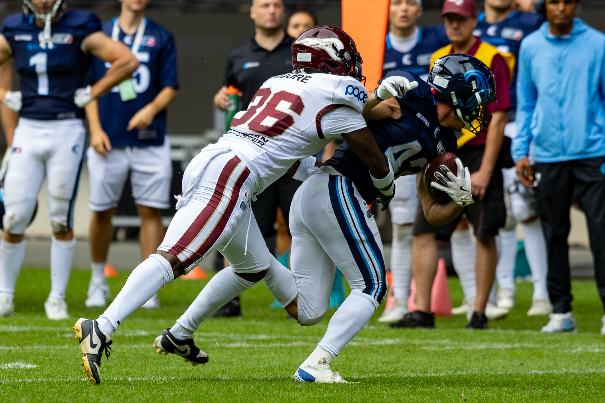 #36 Chauncey Moore (SS) Rhein Fire tackle #42 Armand Soulerot (RB) Nordic Storm Rhein Fire vs Nordic Storm, American Football, European League of Football, Week 14, 2025, 17.08.2025,
