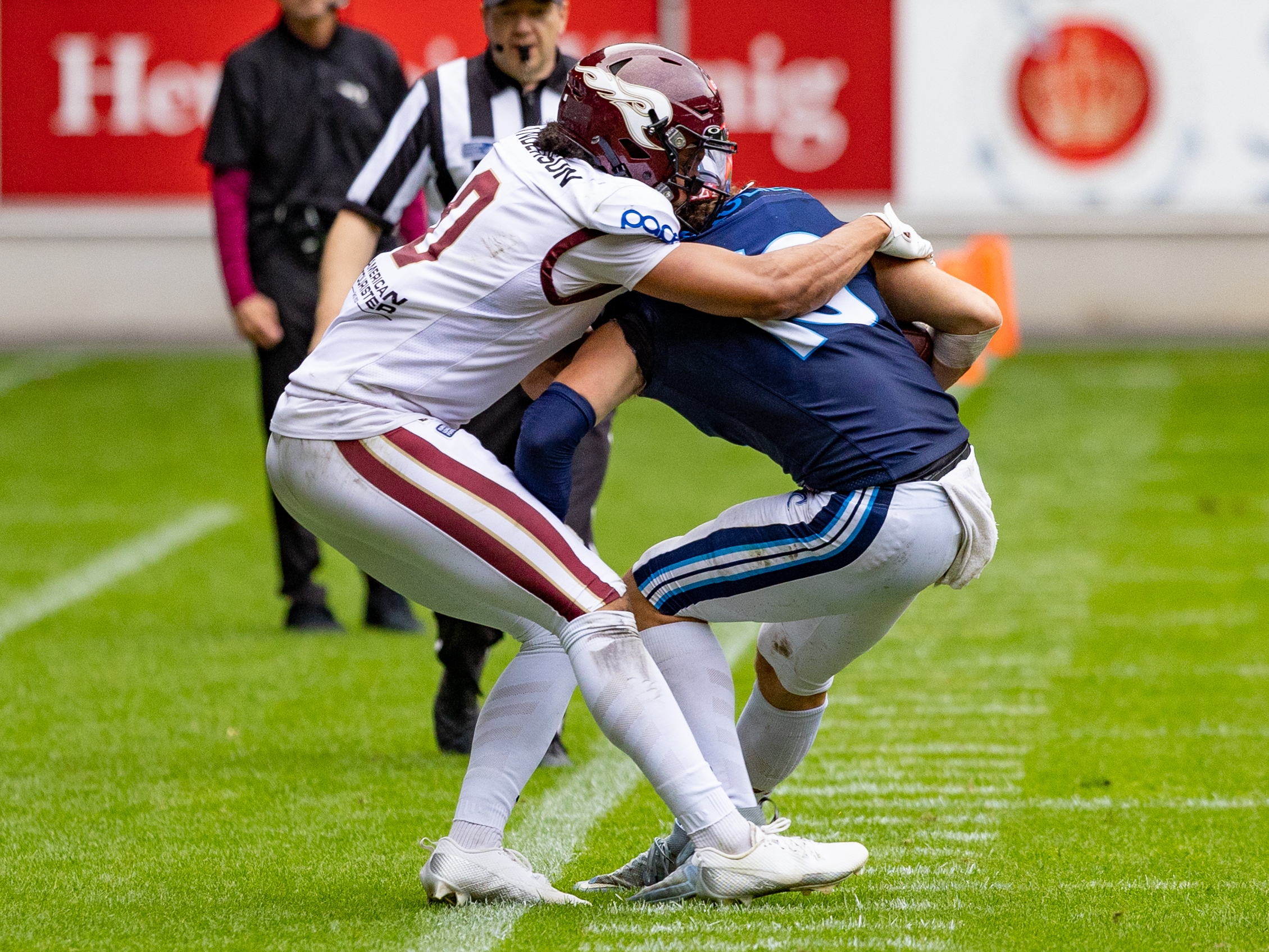 #0 Tony Anderson (CB) Rhein Fire tackle #19 Brendan Beaulieu (WR) Nordic Storm Rhein Fire vs Nordic Storm, American Football, European League of Football, Week 14, 2025, 17.08.2025,