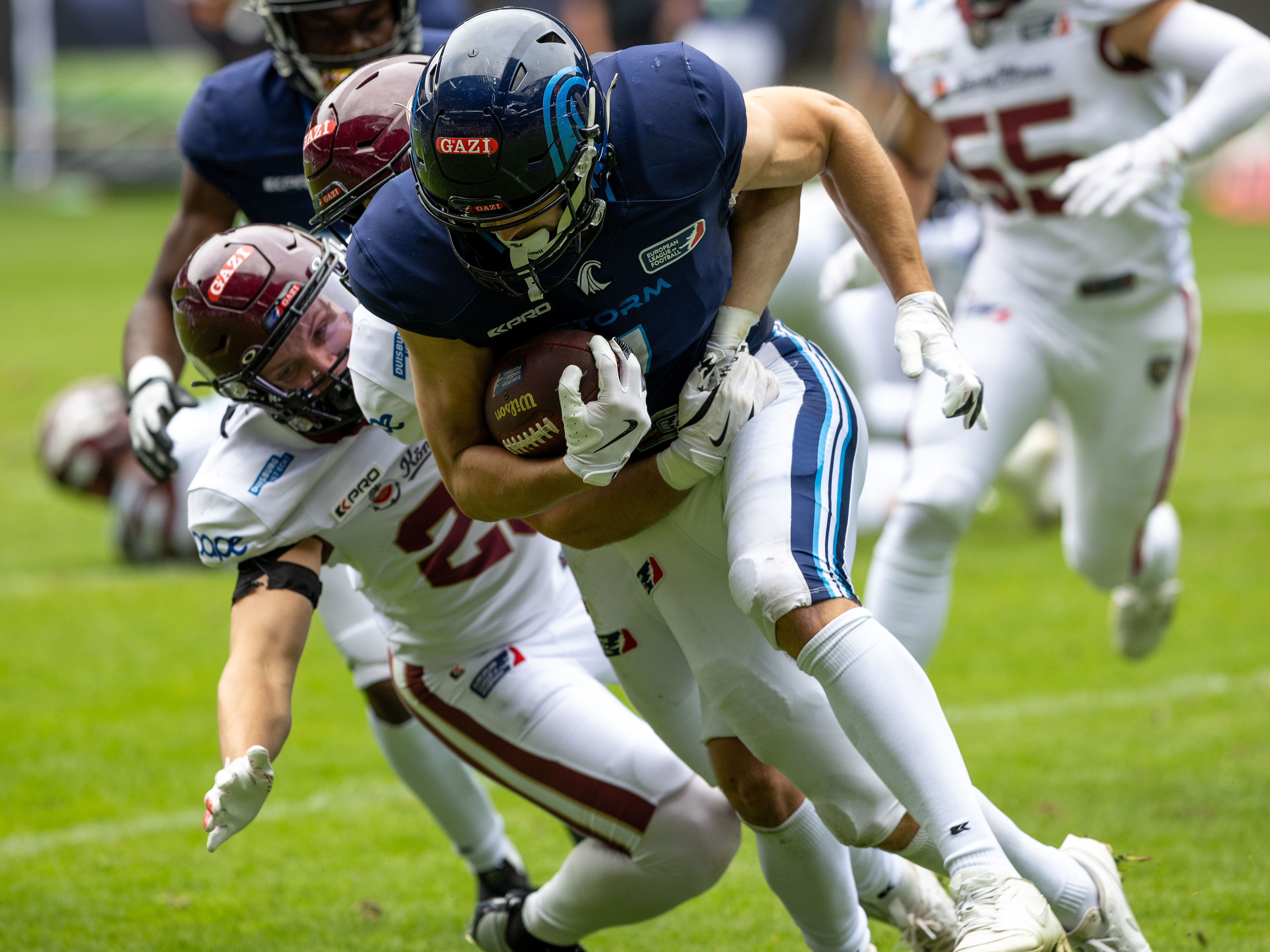 #1 Simon Føns (WR) Nordic Storm run with the ball. Rhein Fire vs Nordic Storm, American Football, European League of Football, Week 14, 2025, 17.08.2025,