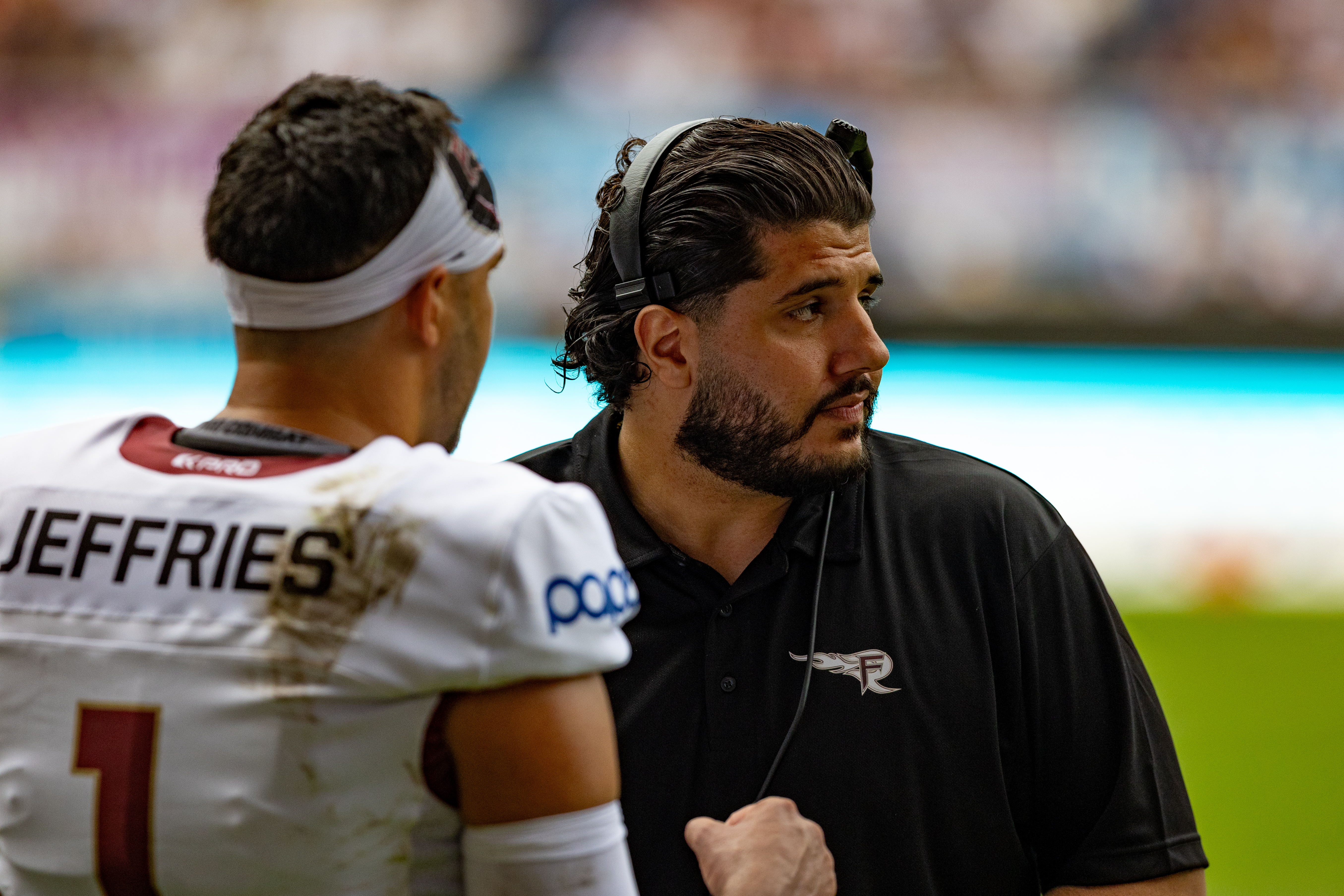 Rohat Dagdelen (OC) Rhein Fire and #1 Chad Jeffries (QB) Rhein Fire Rhein Fire vs Nordic Storm, American Football, European League of Football, Week 14, 2025, 17.08.2025,