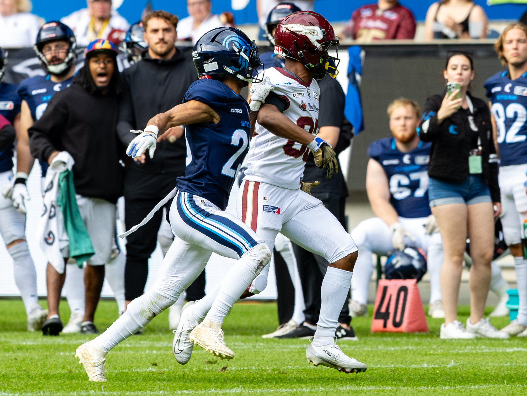 #83 Mark Pope (WR) Rhein Fire and #23 Clifton Duck (CB) Nordic Storm Rhein Fire vs Nordic Storm, American Football, European League of Football, Week 14, 2025, 17.08.2025,