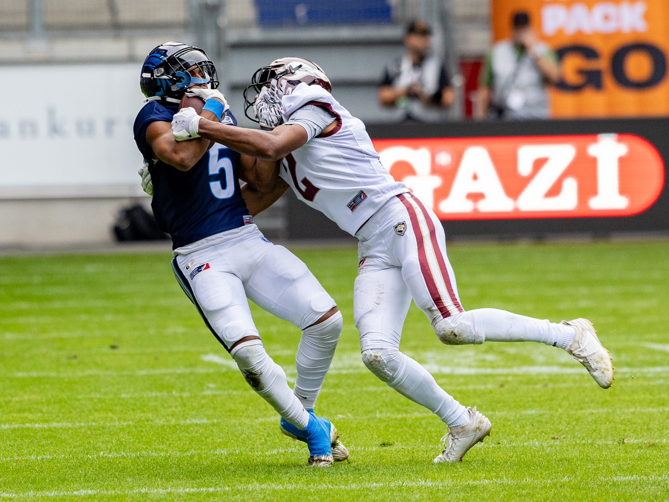 #2 Omari Williams (FS) Rhein Fire tackle #5 Edvin Taborda (WR) Nordic Storm Rhein Fire vs Nordic Storm, American Football, European League of Football, Week 14, 2025, 17.08.2025,
