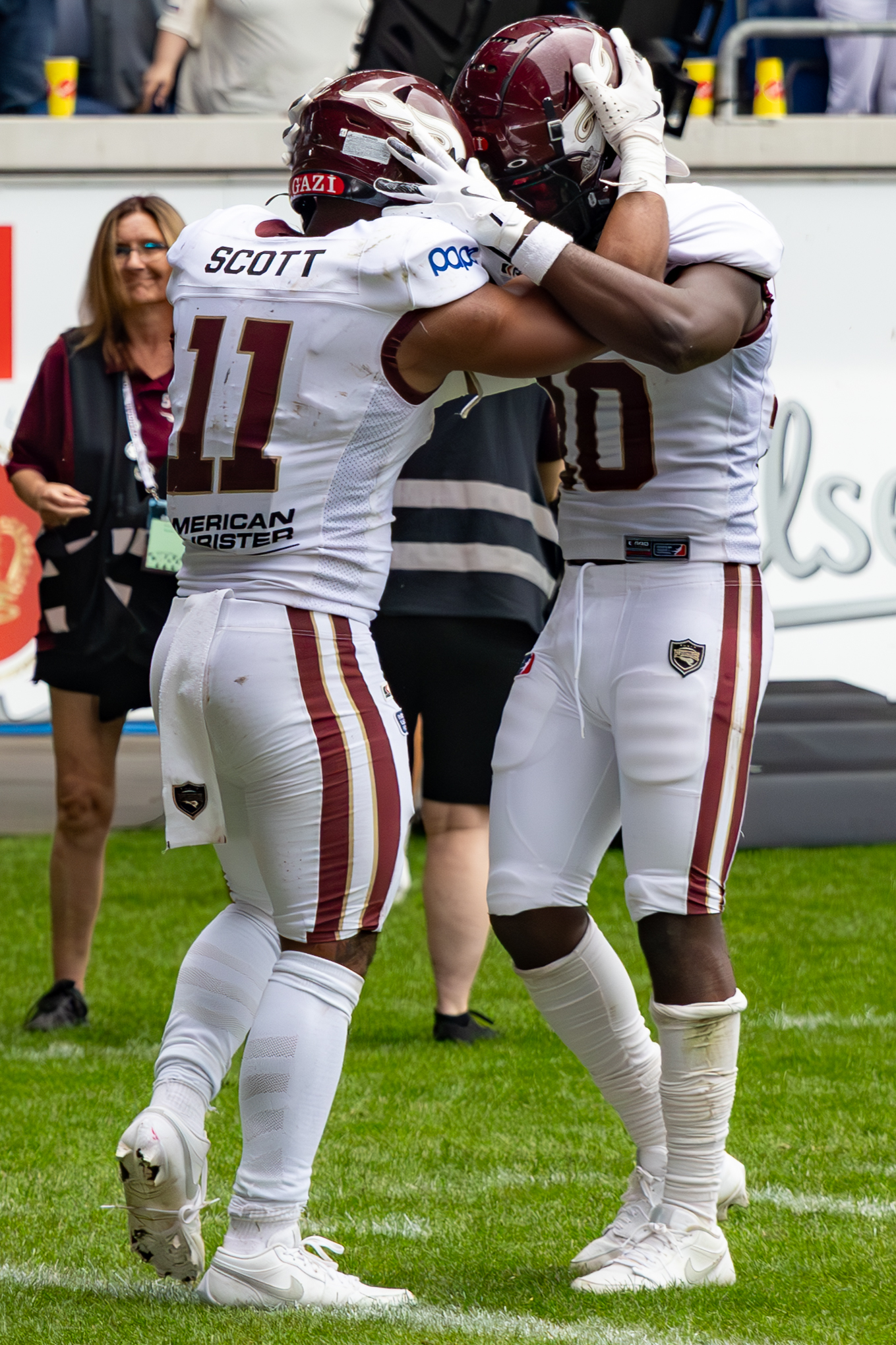 Touchdown celebration from #11 Jonathan Scott (RB) Rhein Fire and #10 Harlan Kwofie (WR) Rhein Fire Rhein Fire vs Nordic Storm, American Football, European League of Football, Week 14, 2025, 17.08.2025,