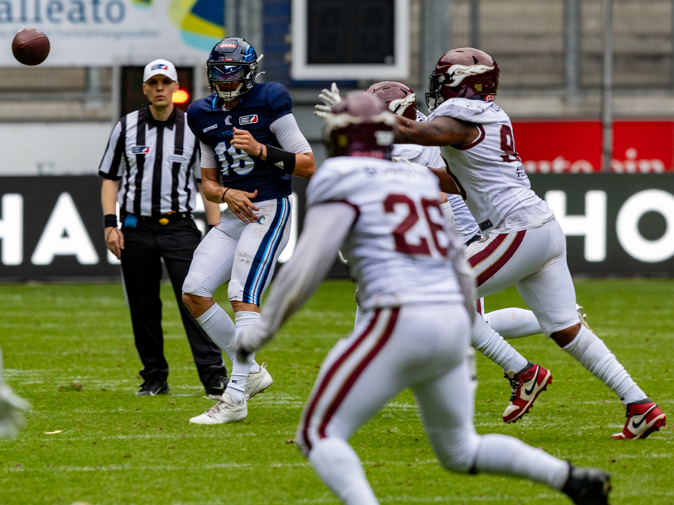 #18 Jadrian Clark (QB) Nordic Storm pass the ball. Rhein Fire vs Nordic Storm, American Football, European League of Football, Week 14, 2025, 17.08.2025,