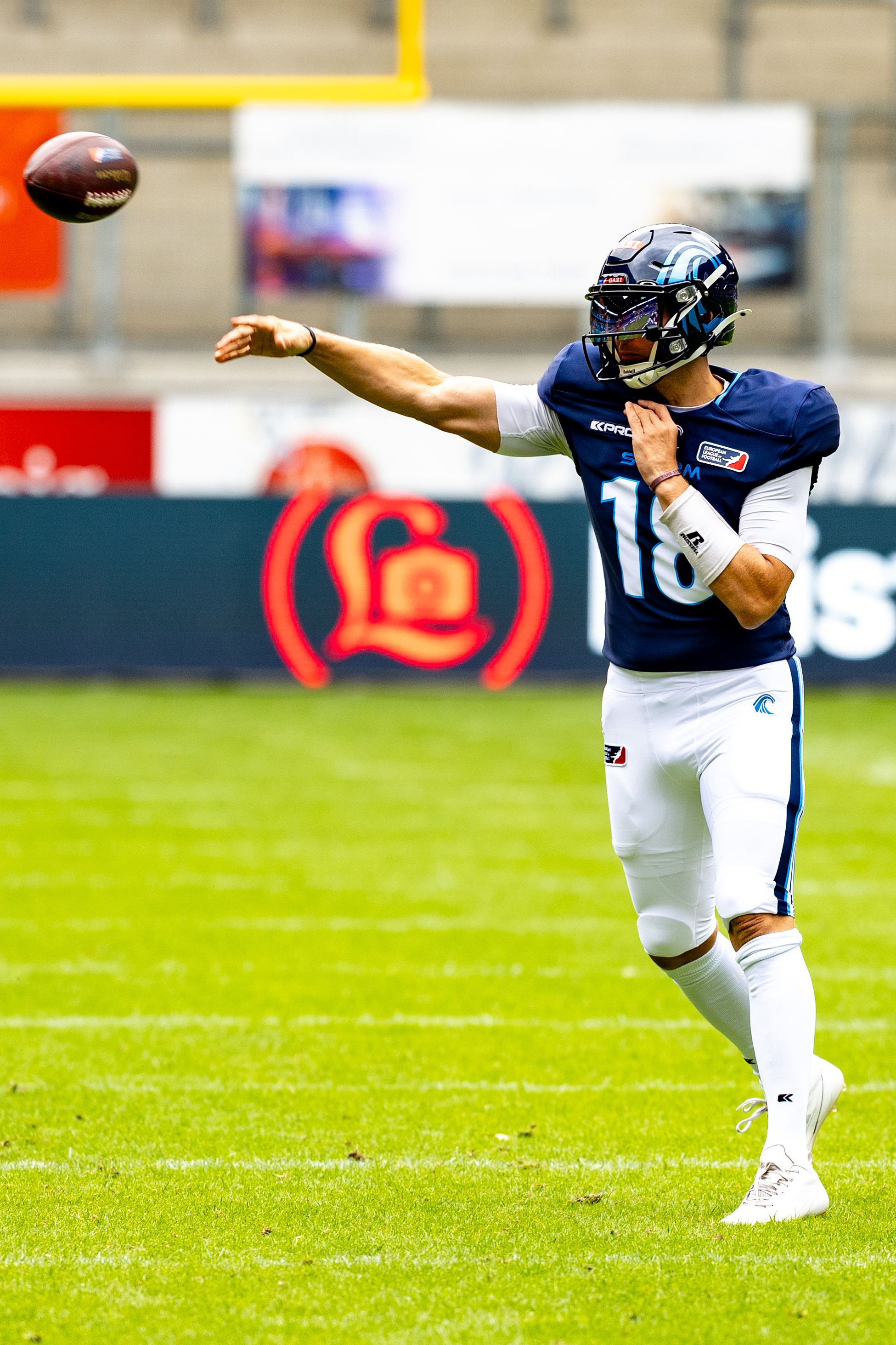 #18 Jadrian Clark (QB) Nordic Storm pass the ball. Rhein Fire vs Nordic Storm, American Football, European League of Football, Week 14, 2025, 17.08.2025,